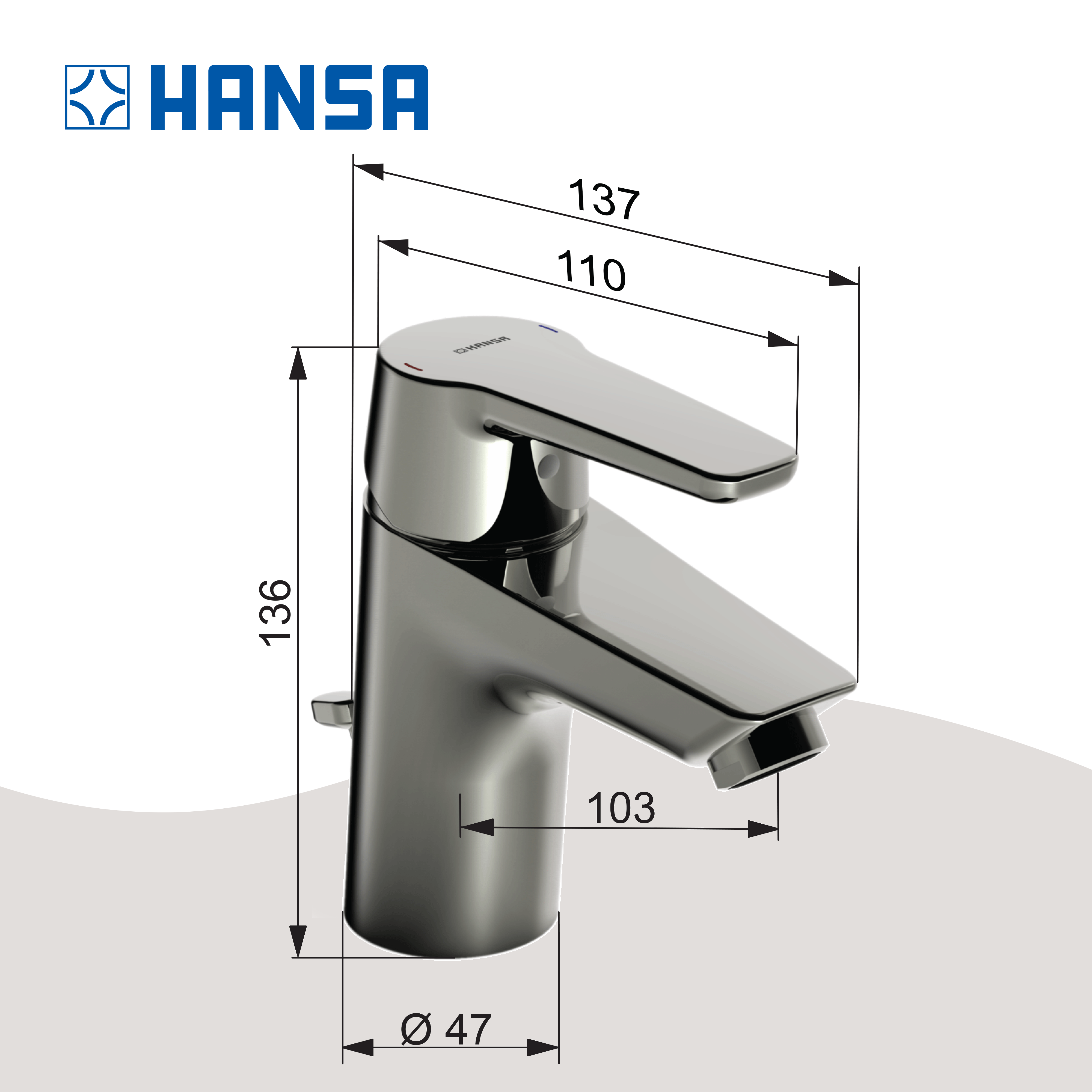 Hansa Waschtischarmatur POLO in Kaltstartfunktion mit Ablaufgarnitur und Zugstange, Ausladung 103 mm, DN15, Chrom