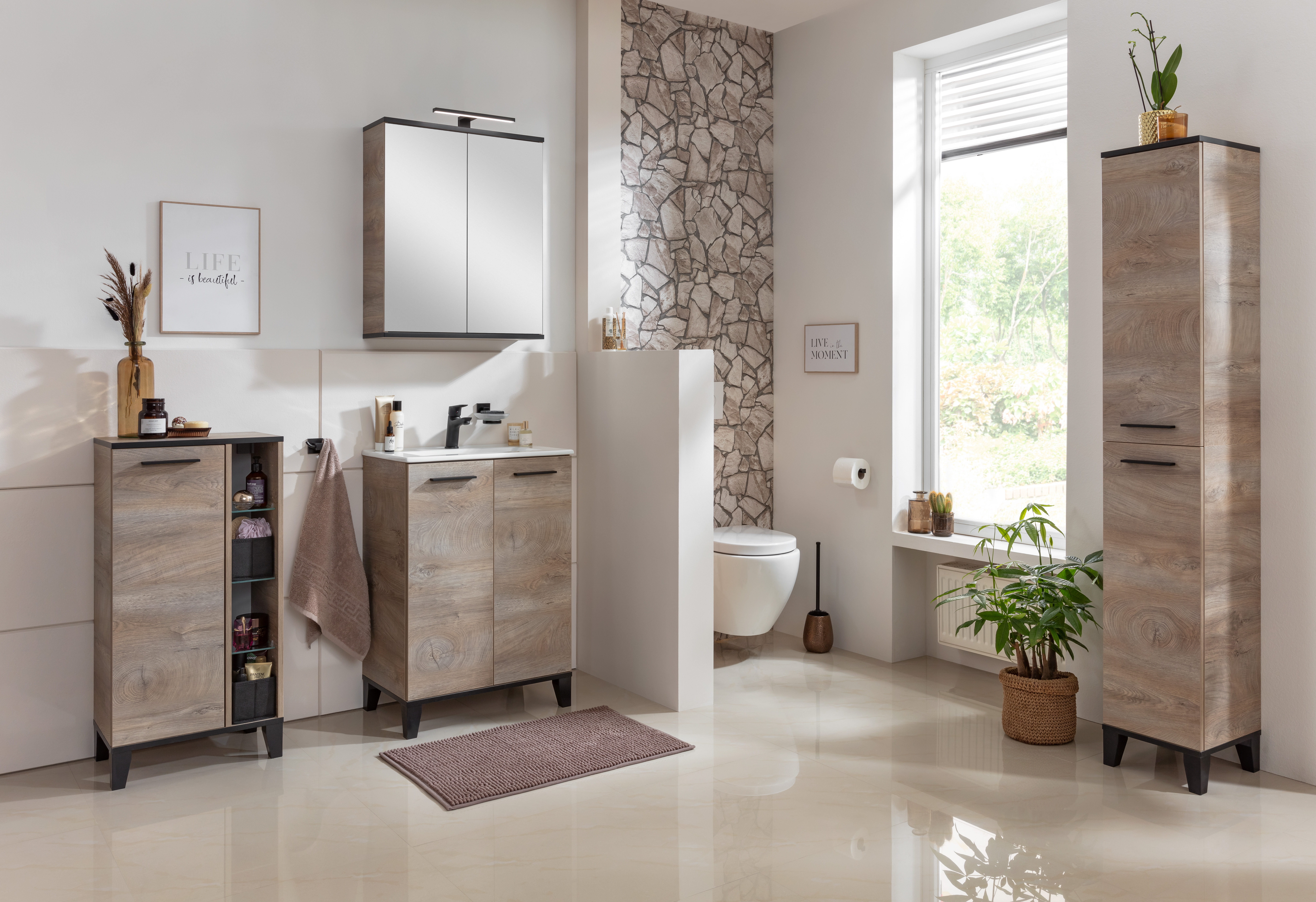 Fackelmann Set TE-A Keramik-Waschtisch + Waschtischunterschrank, Nature-Oak-Optik