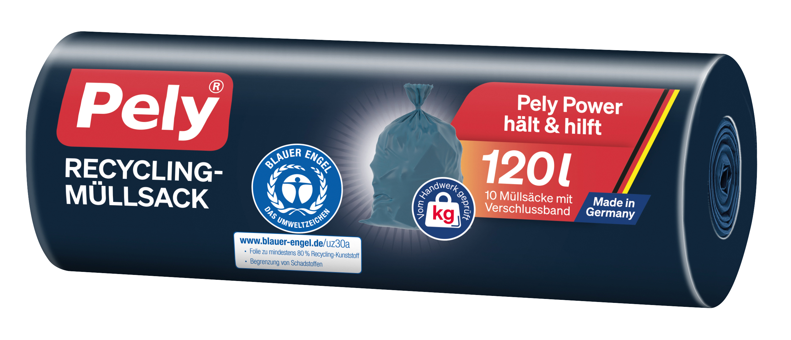 Pely® Recycling-Müllsäcke extra stark, "Blauer Engel" zertifiziert, mit Verschlussband, schwarz, 120 Liter, 10 Stück Pely® Recycling-Müllsäcke extra stark, "Blauer Engel" zertifiziert, mit Verschlussband, schwarz, 120 Liter, 10 Stück