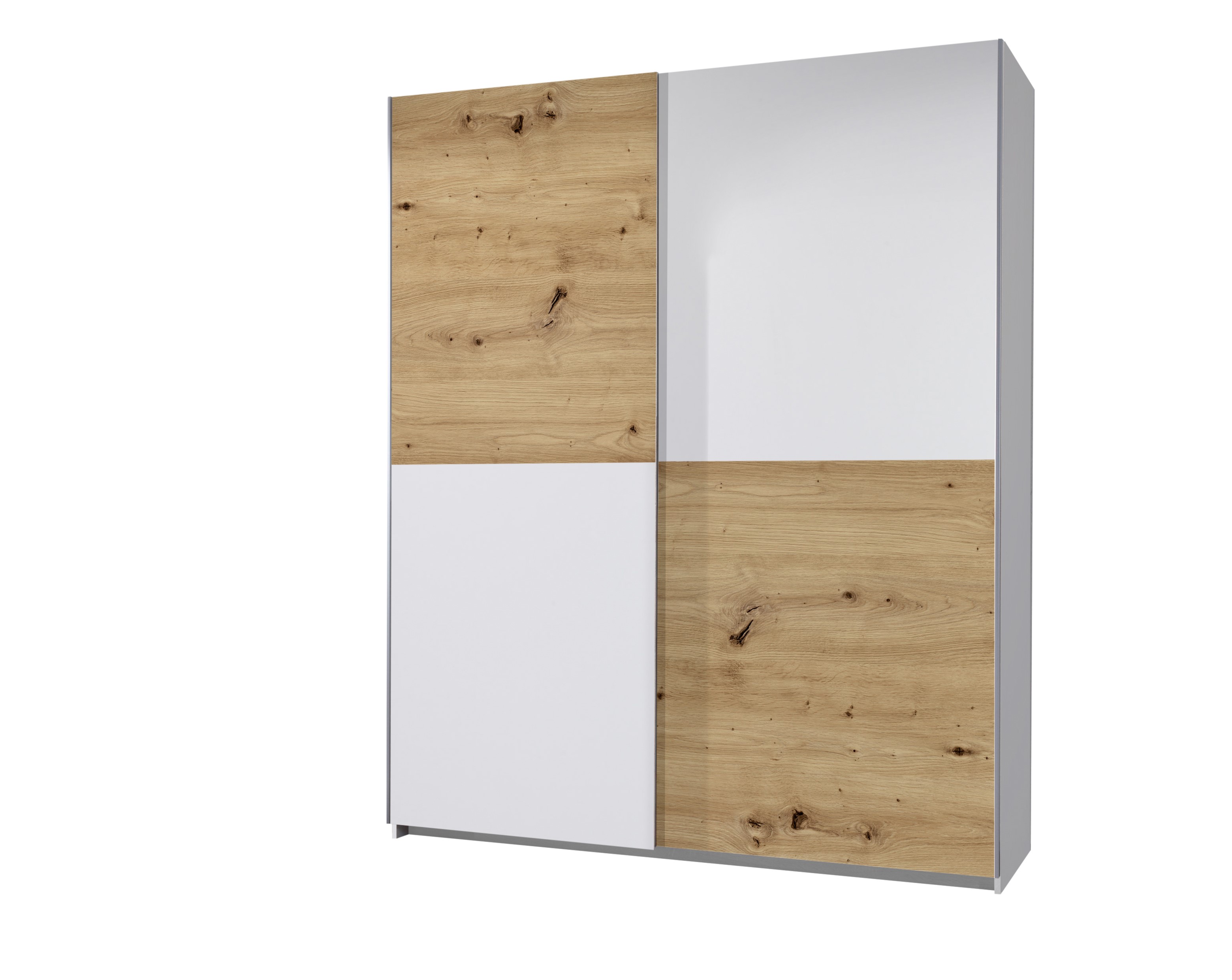 Pol-Power Schwebetürenschrank Time, 2-Türig, Weiß/Schachbrett Artisan Eiche