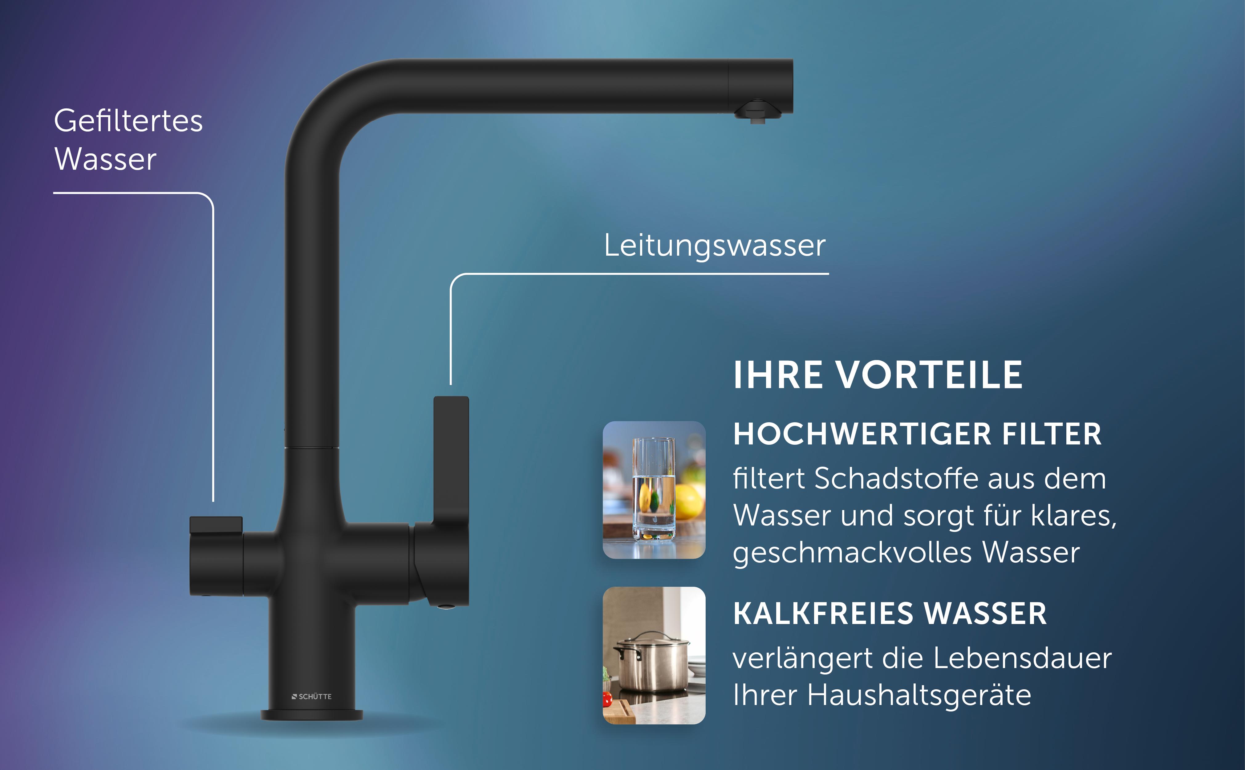 Schütte Trinkwasser-Spültischarmatur AQUASTAR PRO, Schwarz matt, mit Filtersystem