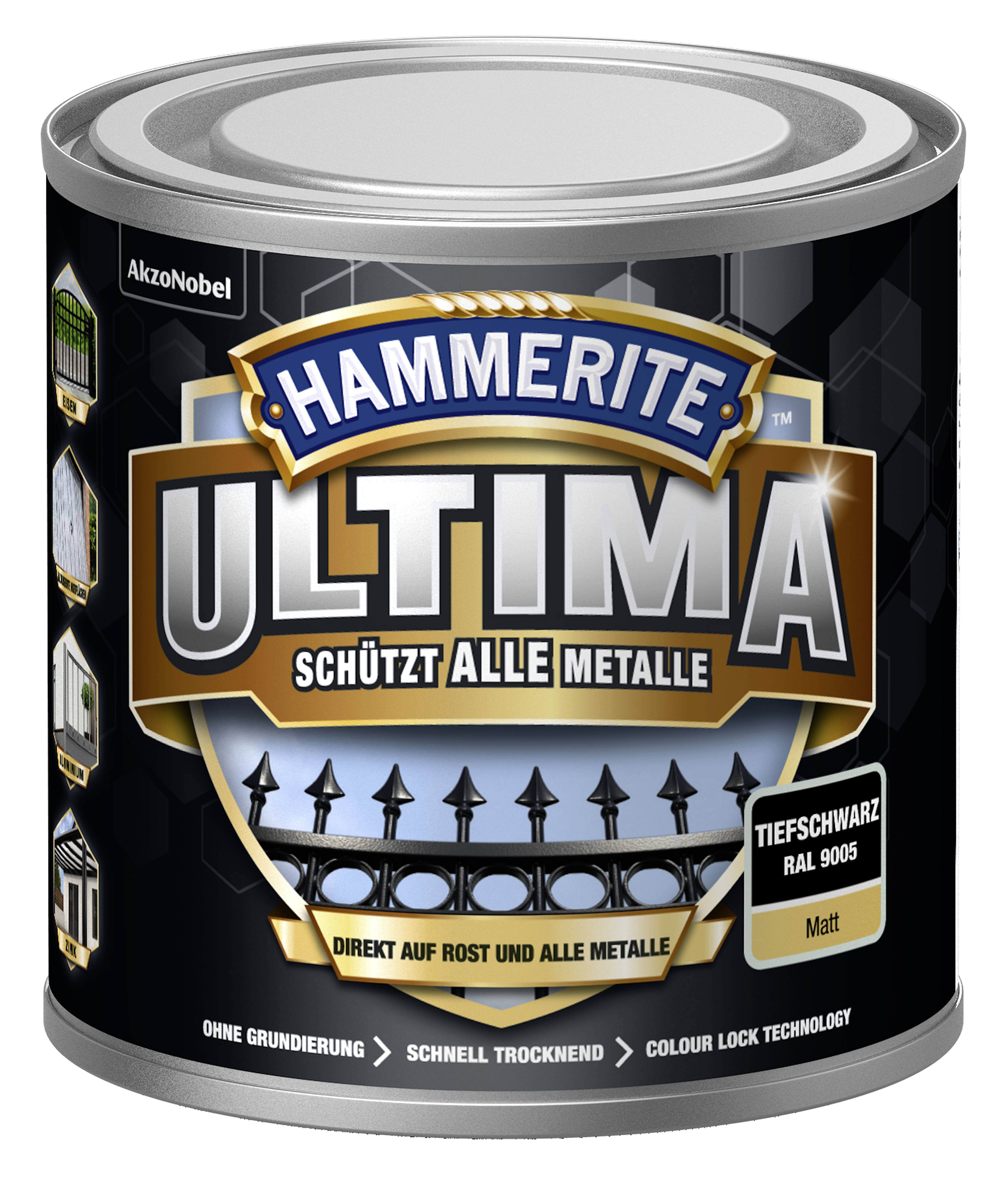 734602_4007591724380_5379743-Hammerite_ULTIMA_matt_250ml_tiefschwarz HAMMERITE  METALLSCHUTZLACK ULTIMATE MATT  TIEFSCHW. RAL 9005 250M