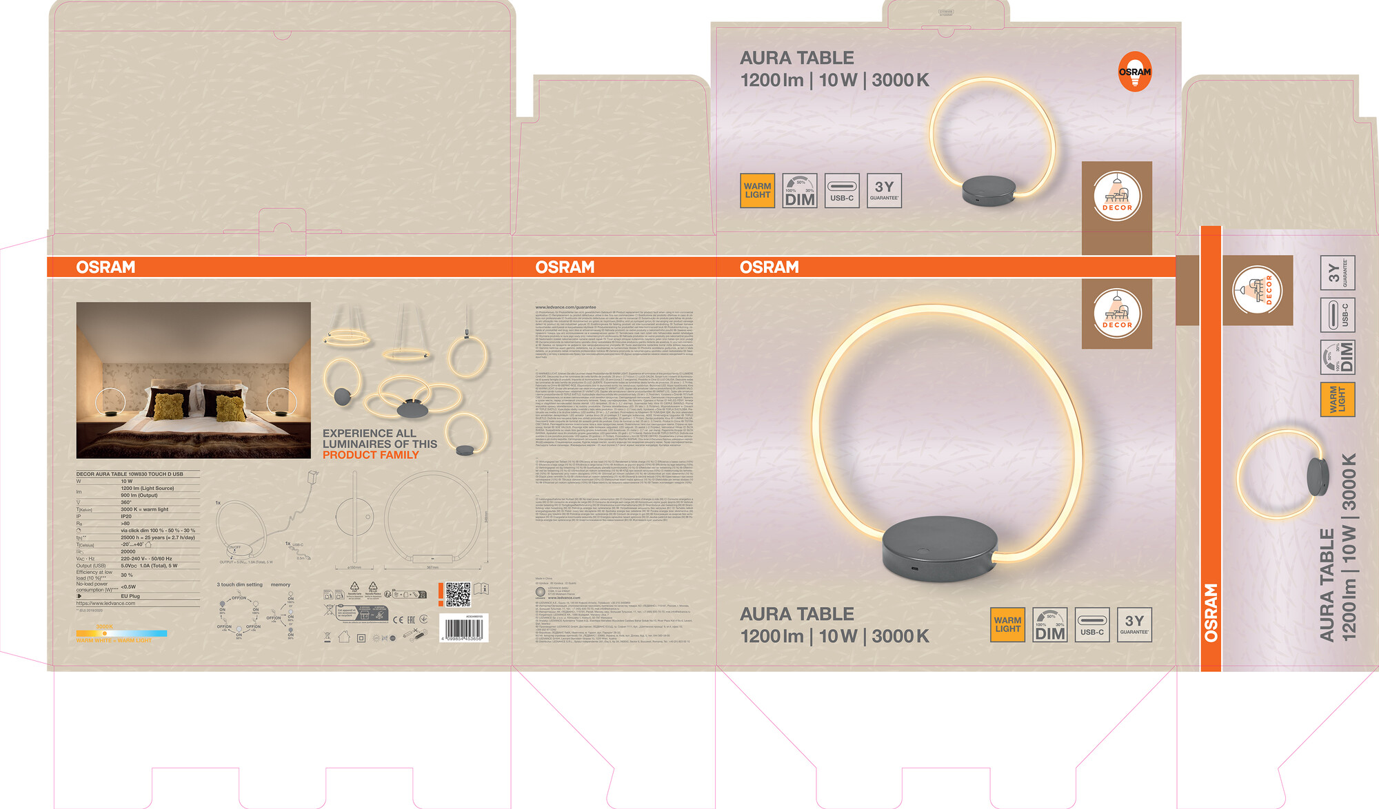 Osram Decor Aura Tischleuchte, 10W, Touch dimmbar, USB