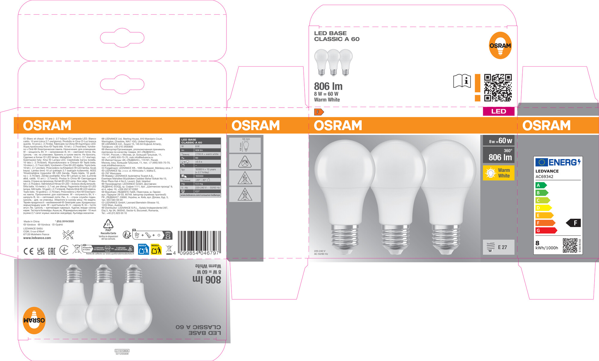 Osram LED Lampe Base Classic A60, E27, Warmweiß