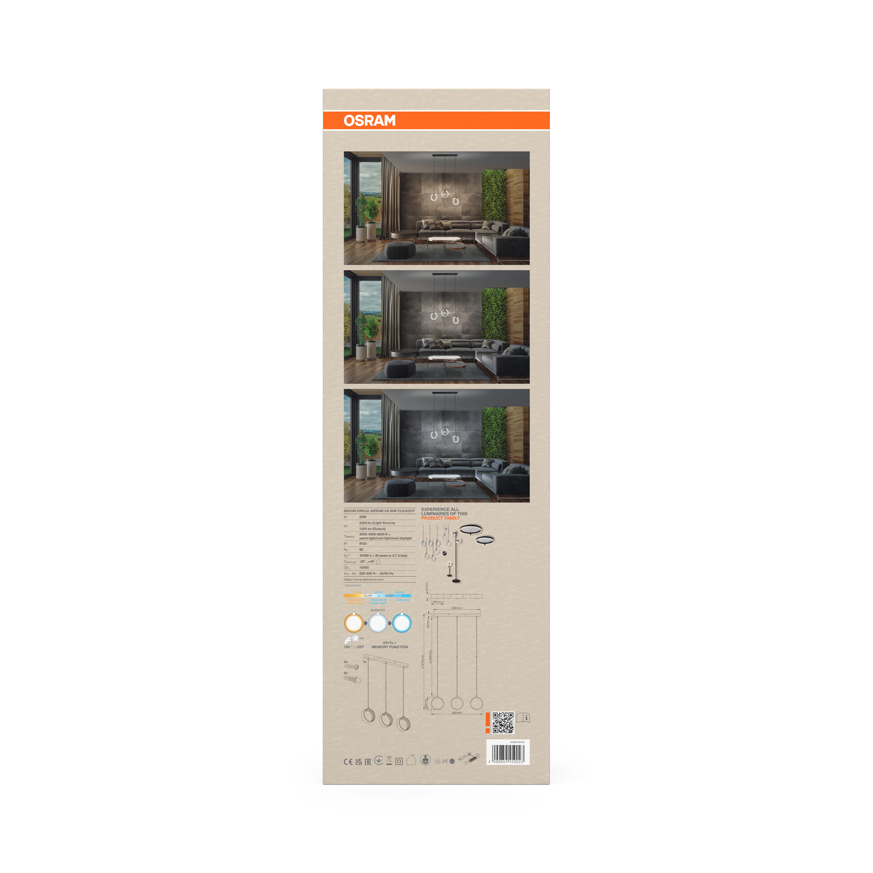 Osram Decor Runde Pendelleuchte, 3 Pendel, 20W, schwarz