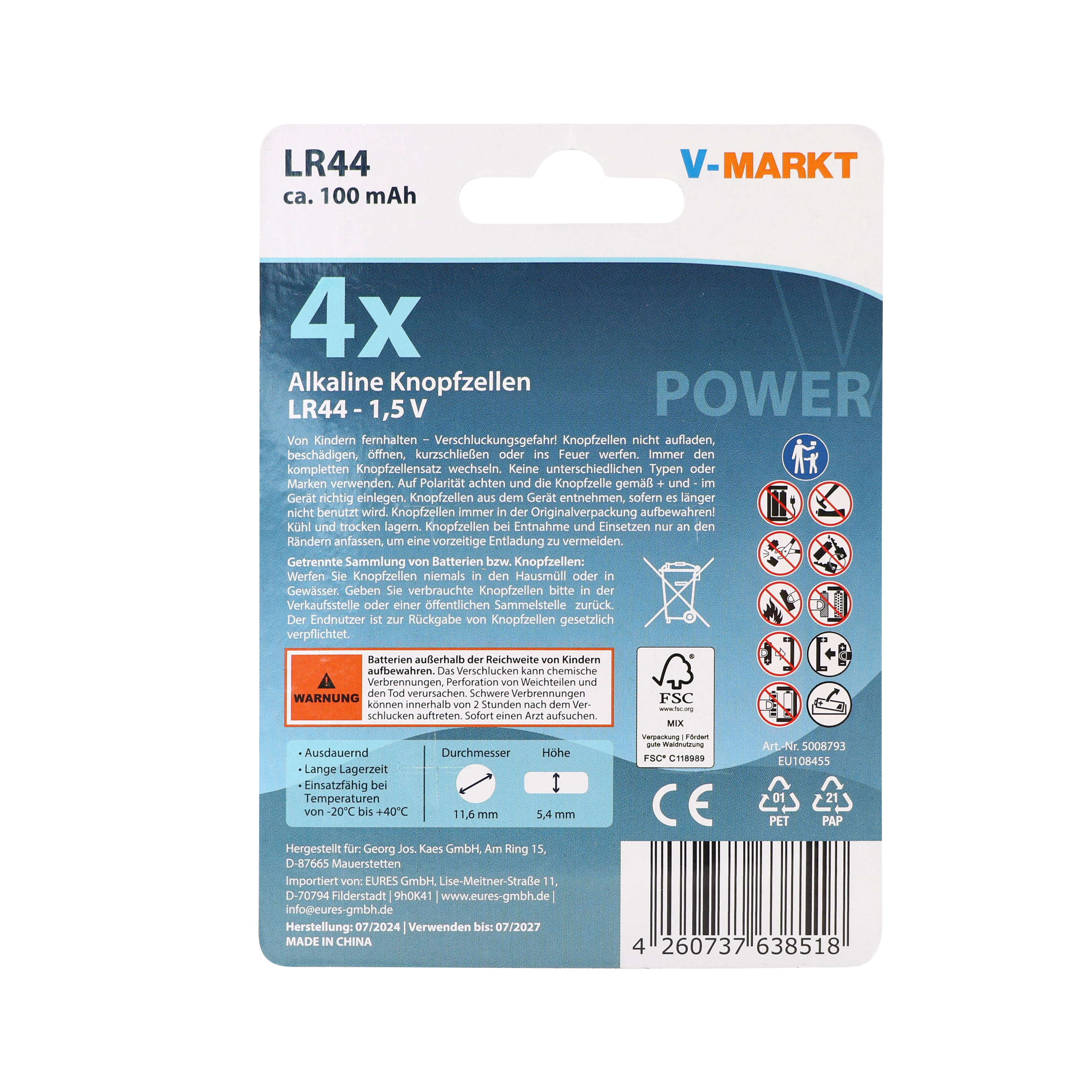 V-Markt Knopfzellen LR 44, 4 Stück V-Markt Knopfzellen LR 44, 4 Stück