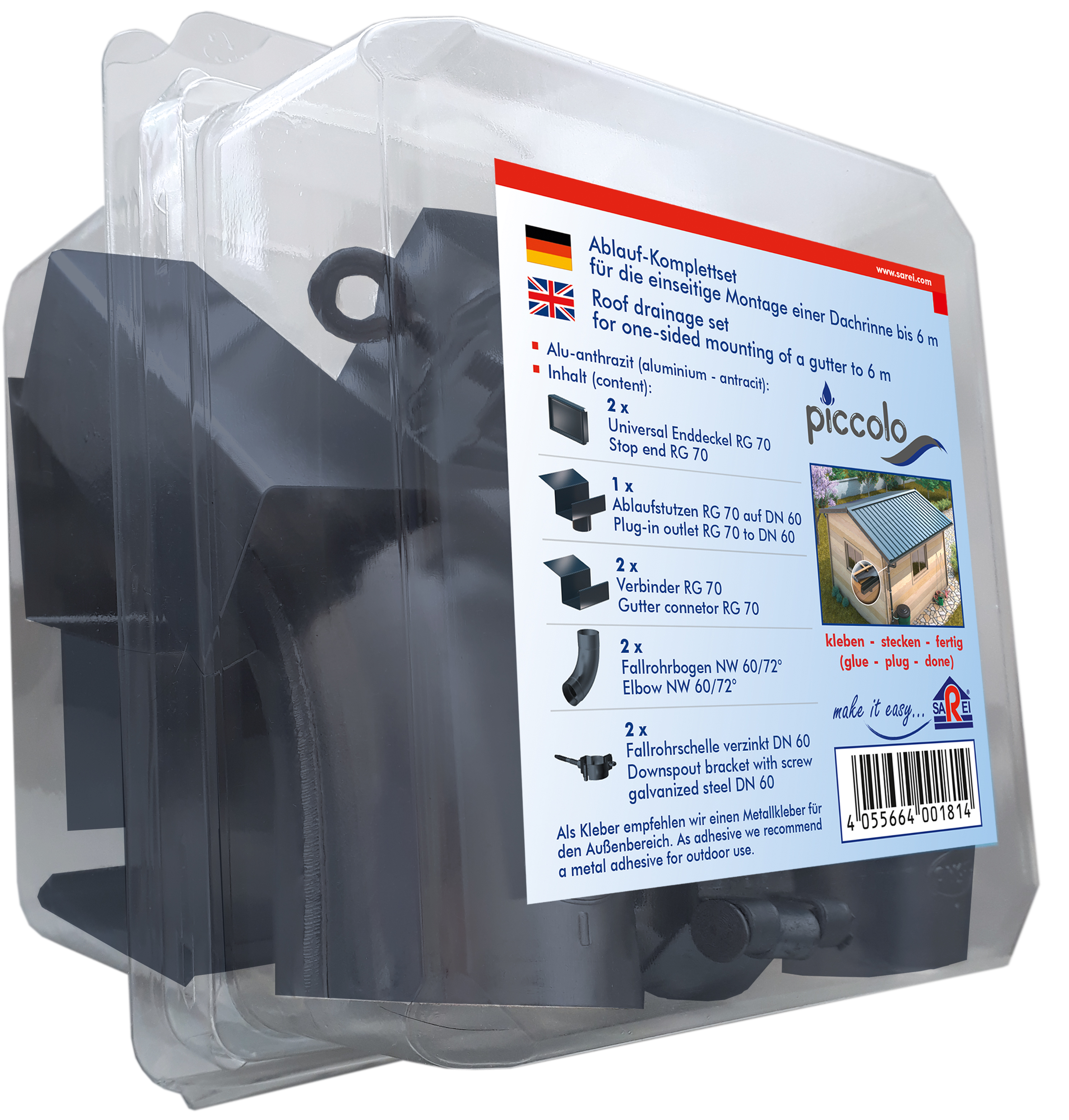 Sarei Ablaufset für SDF-Kastenrinne "piccolo", Alu-anthrazit, RG 70 Sarei Ablaufset für SDF-Kastenrinne "piccolo", Alu-anthrazit, RG 70