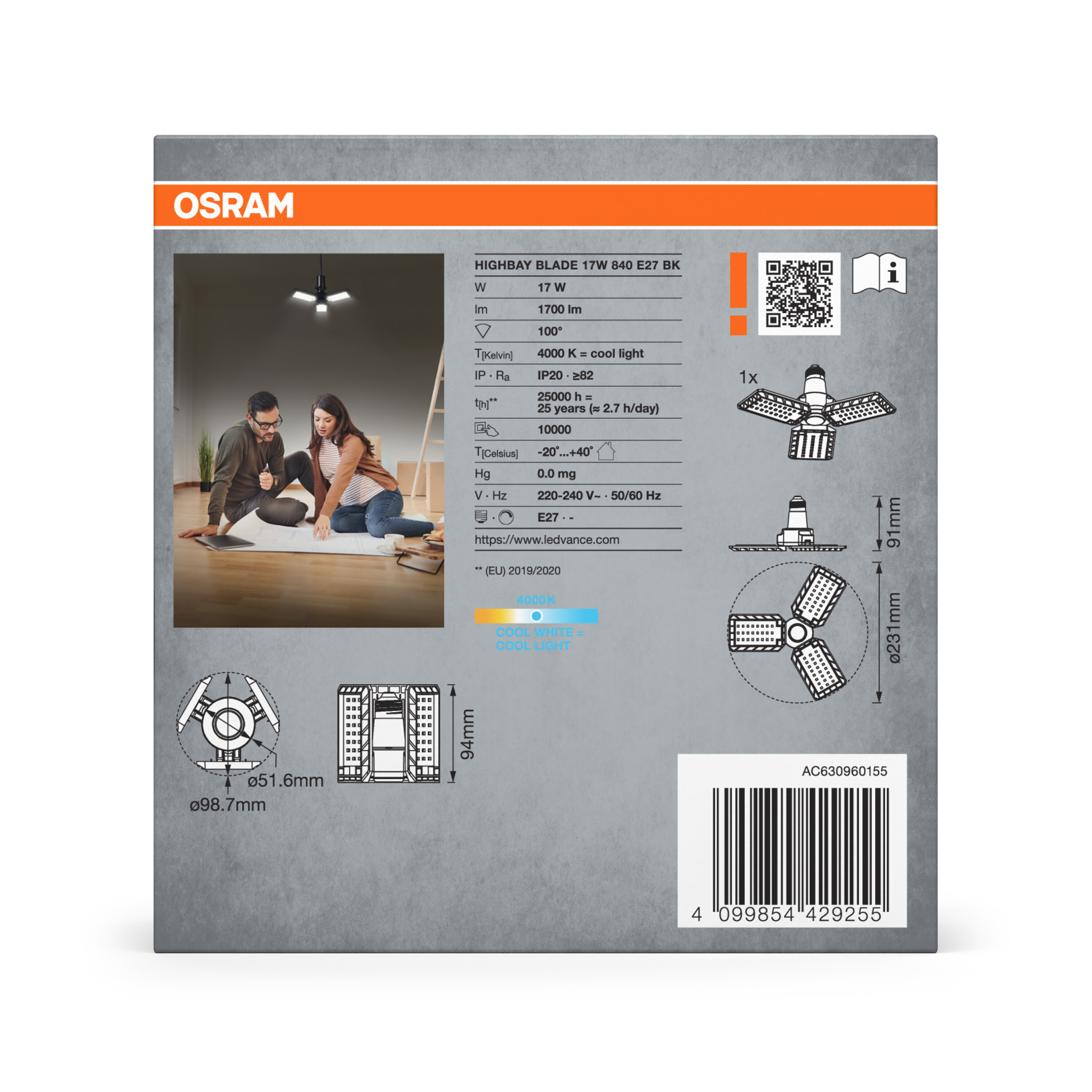 Osram Highbay Blade Deckenlampe mit Flügeln, E27, 17W
