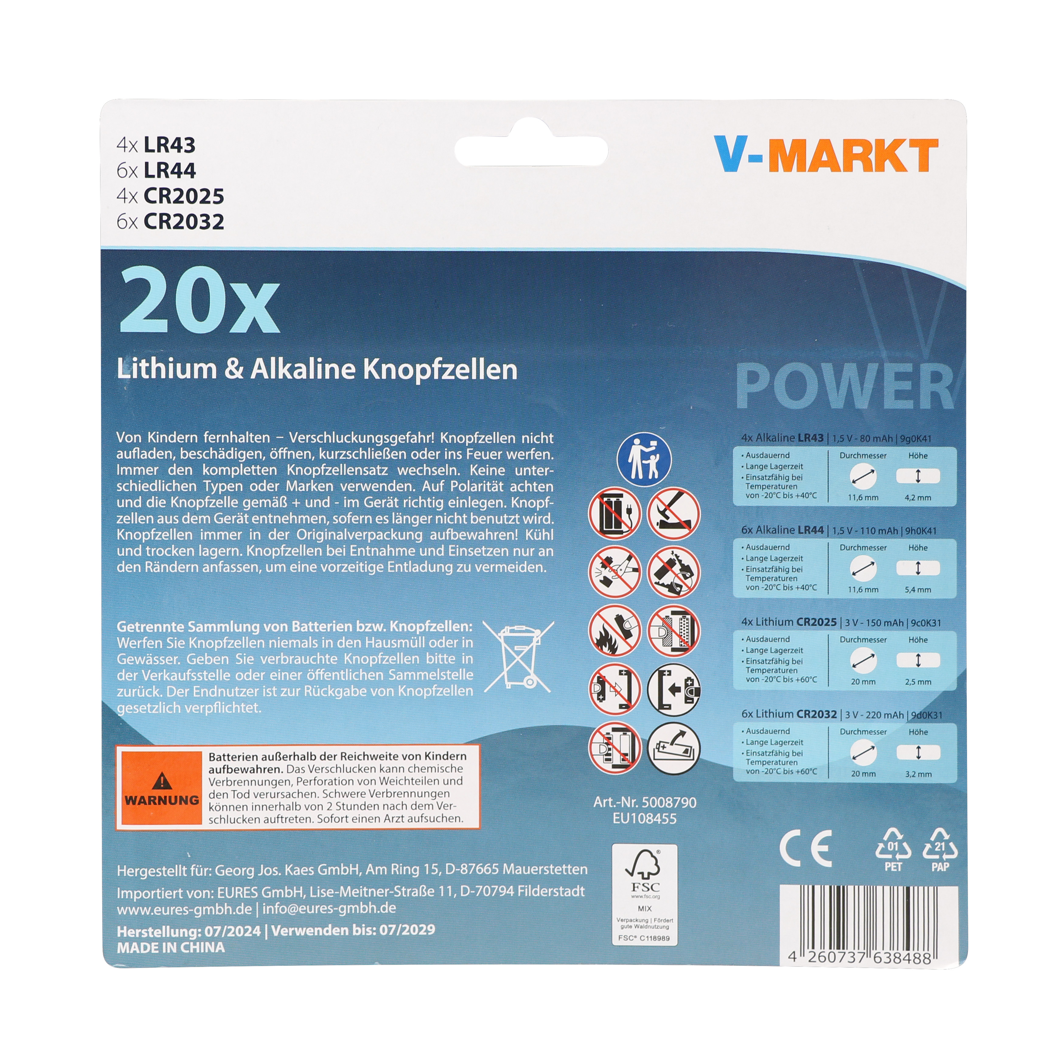 V-Markt Knopfzellen Mixkarte, 20 Stück V-Markt Knopfzellen Mixkarte, 20 Stück