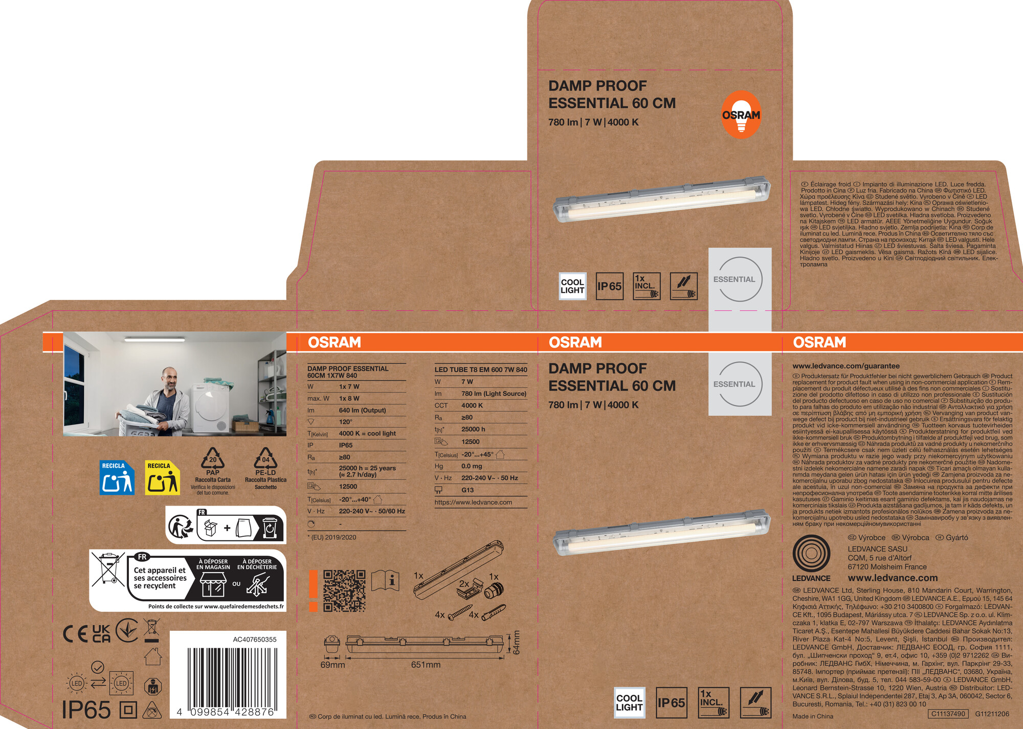 Osram Feuchtraumlampe Essential, 60 cm, 1X7W