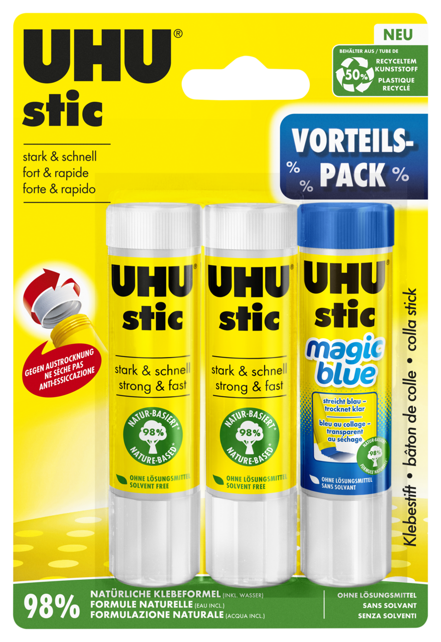 Uhu Stick Klebestift ohne Lösungsmittel 2x8,2g+1x Magic blue 8,2g, Infokarte Uhu Stick Klebestift ohne Lösungsmittel 2x8,2g+1x Magic blue 8,2g, Infokarte
