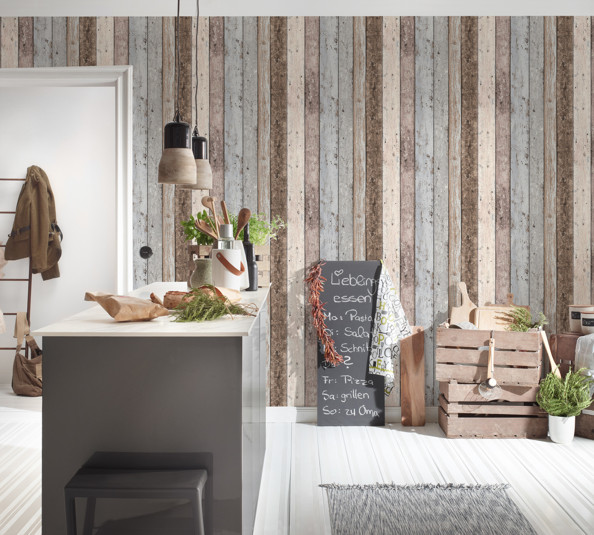 A.S. Création Vliestapete, holzoptik bunt beige grau – vintage paneeltapete im shabby chic stil