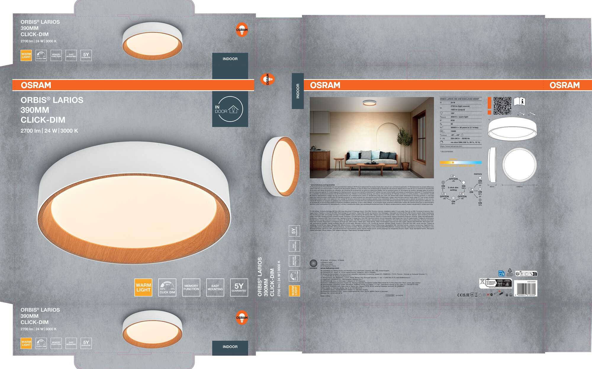 Osram Led Deckenleuchte "Orbis Larios", 390 mm, 24W, 830, Holzdekor/weiß