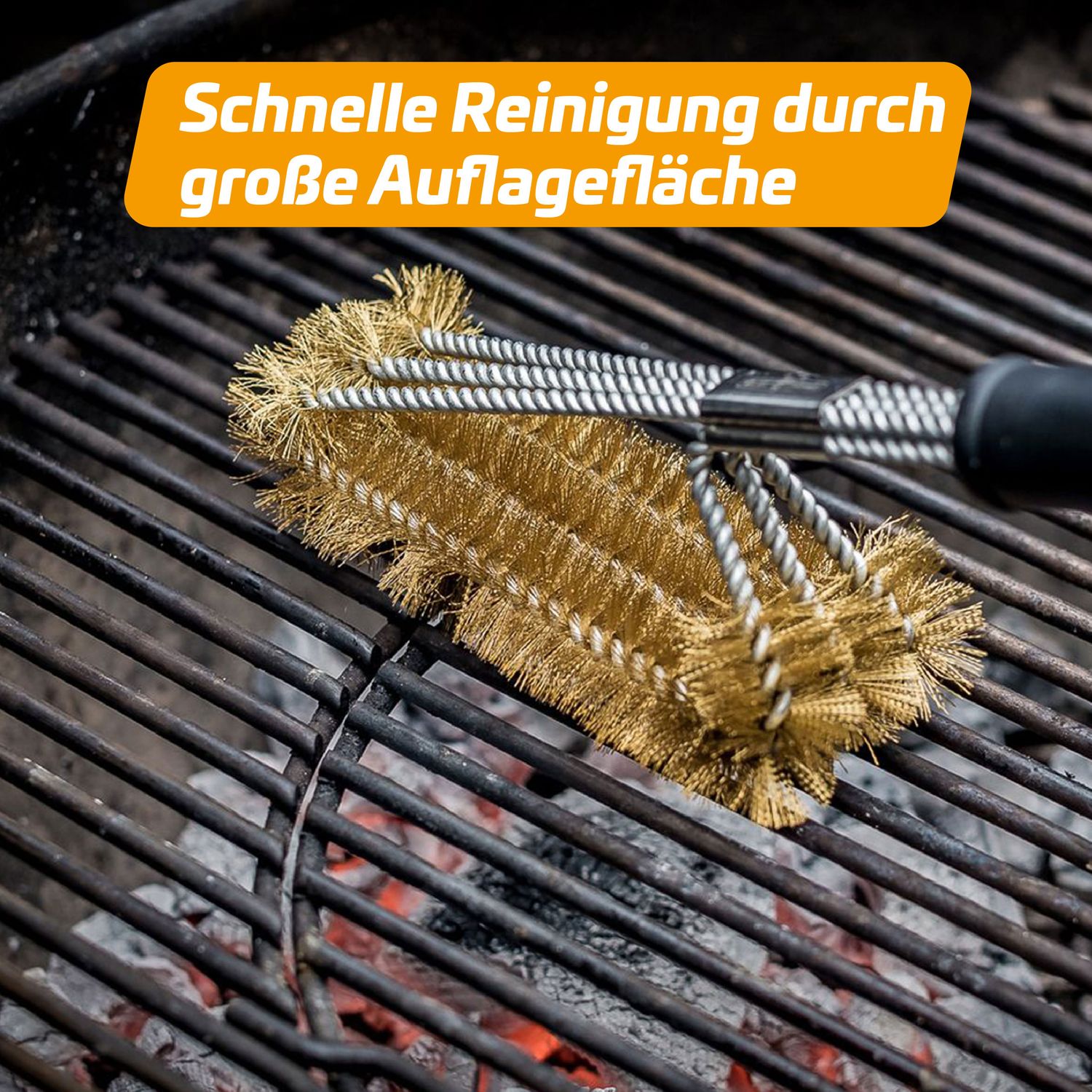 Grillfürst Grillbürste Messing für Gusseisen Roste, mit langem 3-fach Bürstenkopf