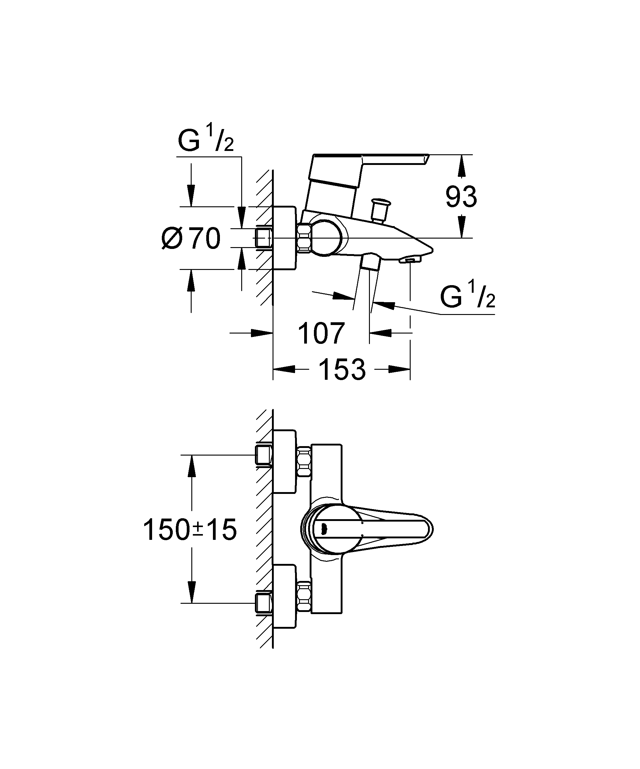 396326_02-Masszeichnung FRIEDRICH GROHE  FEEL BADE-EINHEBELMISCHER  CHROM