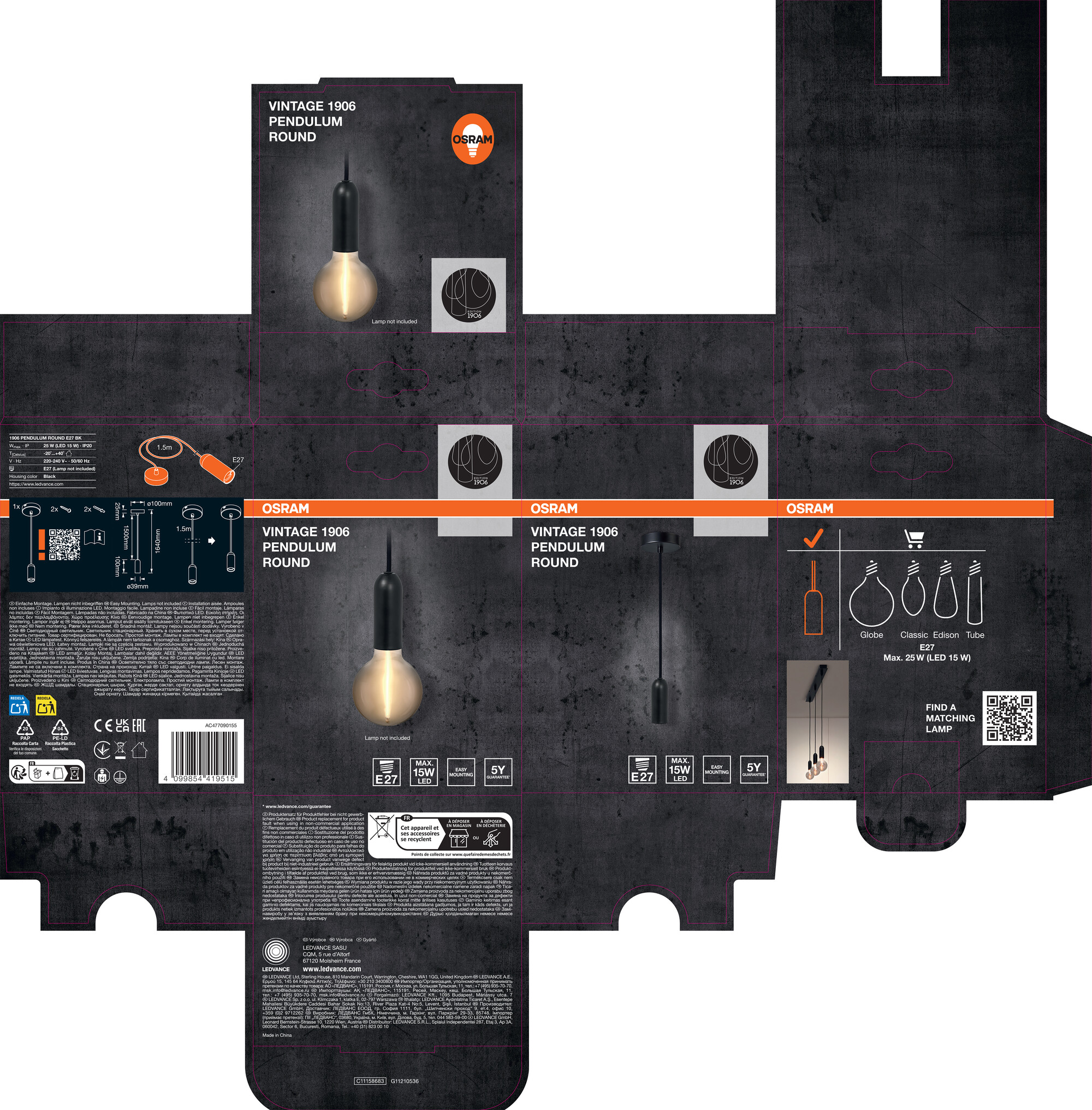 Osram Vintage 1906 Pendelleuchte Round, E27, schwarz