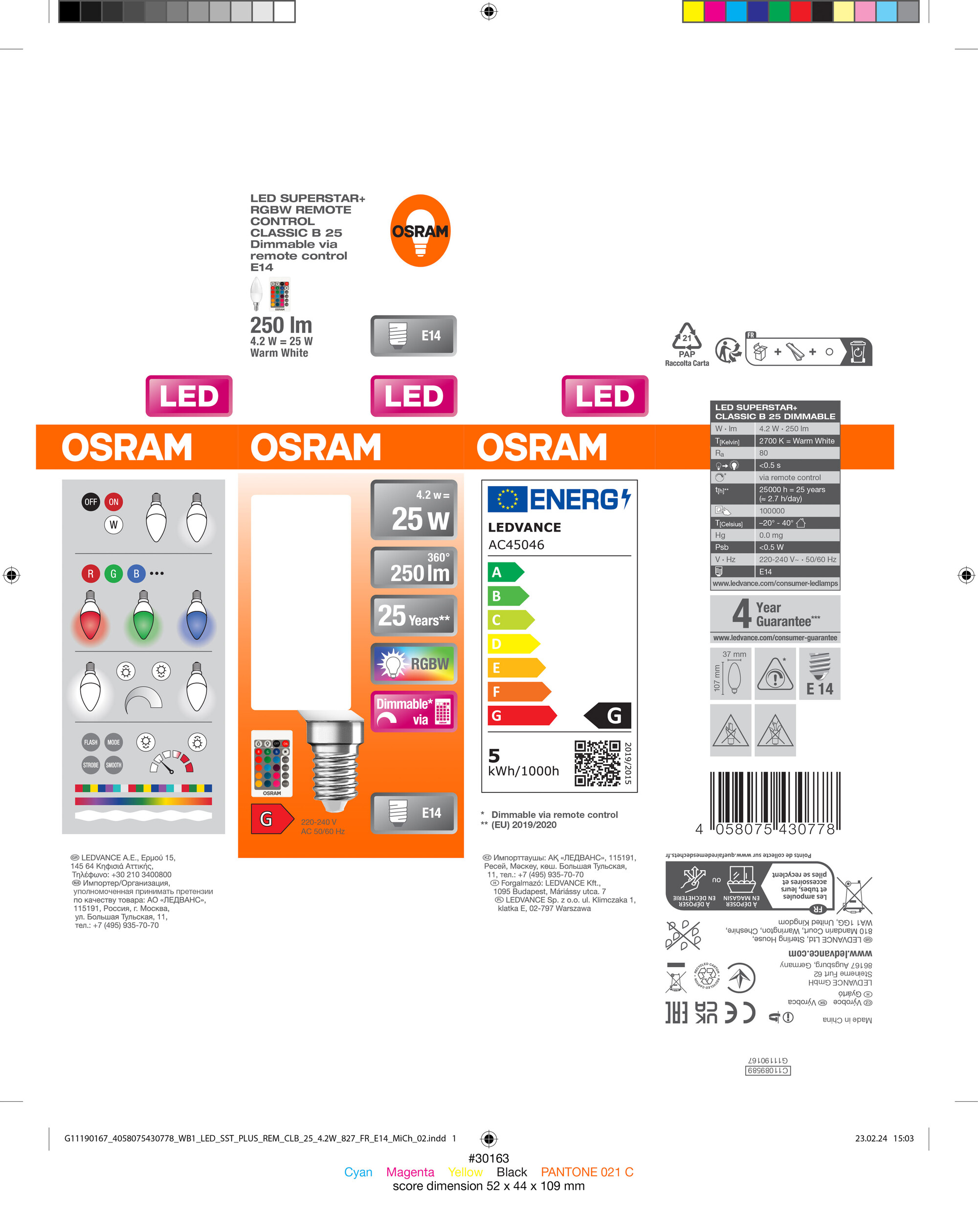 Osram LED Lampe RGBW, warmweiß, E14, matt