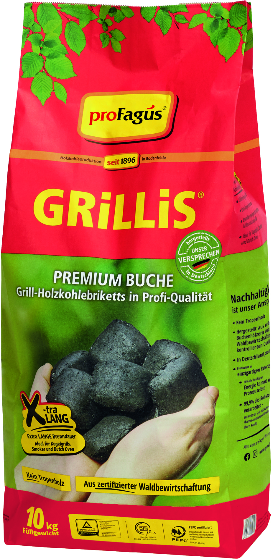 proFagus Premium Buchen Grill-Holzkohlebriketts - GRiLLis, 10 kg