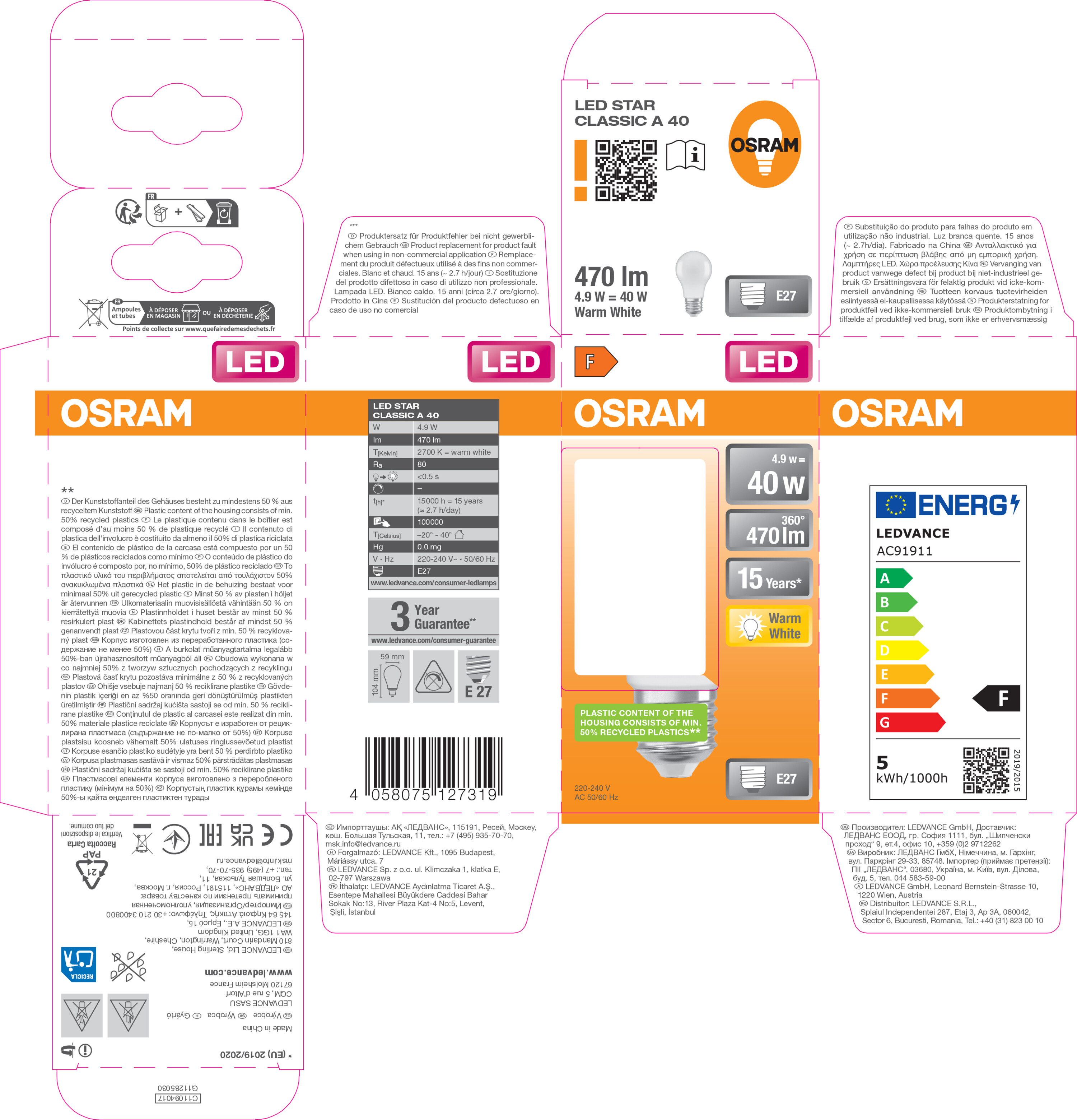 Osram Leuchtmittel LED CLA40 Matt, 5,5W/827 E27, 230V