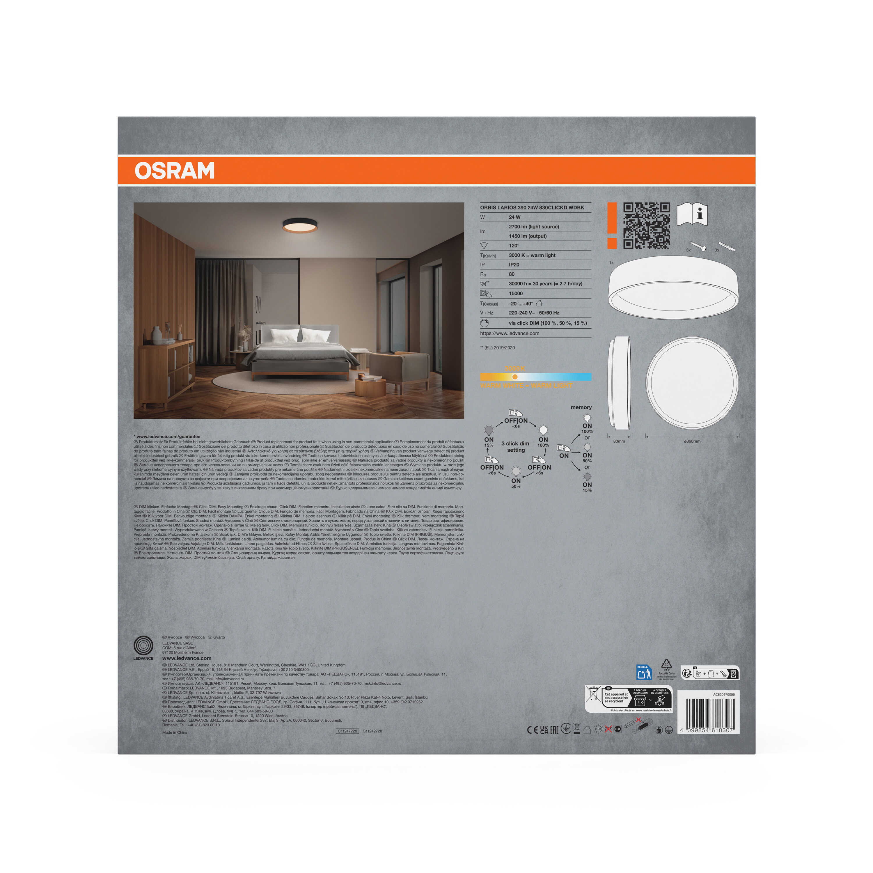 Osram Led Deckenleuchte "Orbis Larios", 390 mm, 24W, 830, Holzdekor/schwarz