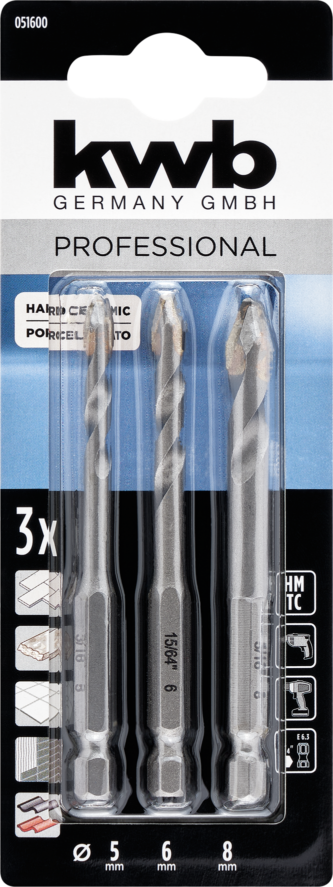 kwb Feinsteinzeugbohrer-Set mit 1/4" E 6.3 Schaft, Ø 5 / 6 / 8 mm