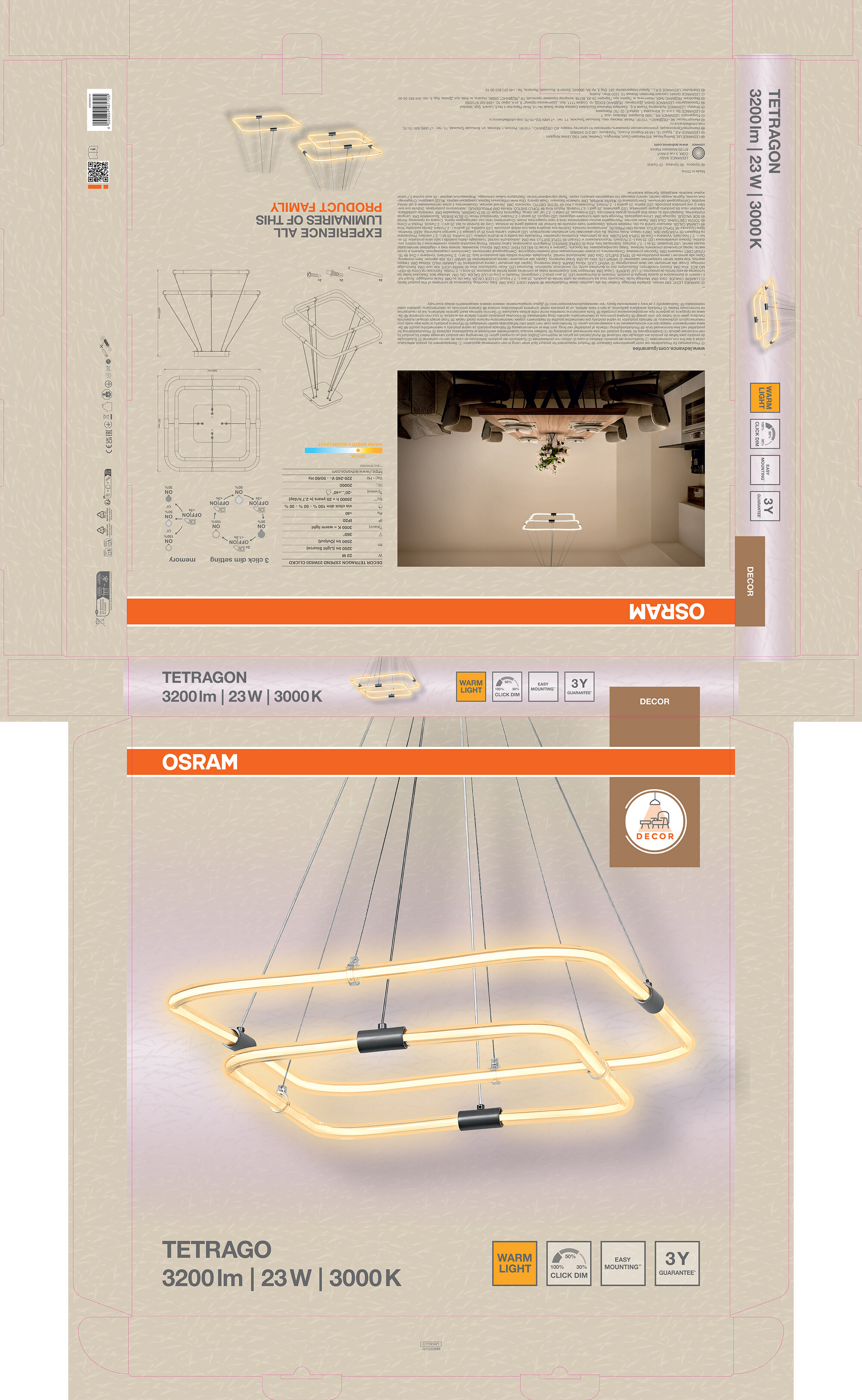 Osram Decor Tetragon Pendelleuchte, Warmweiß, 23W