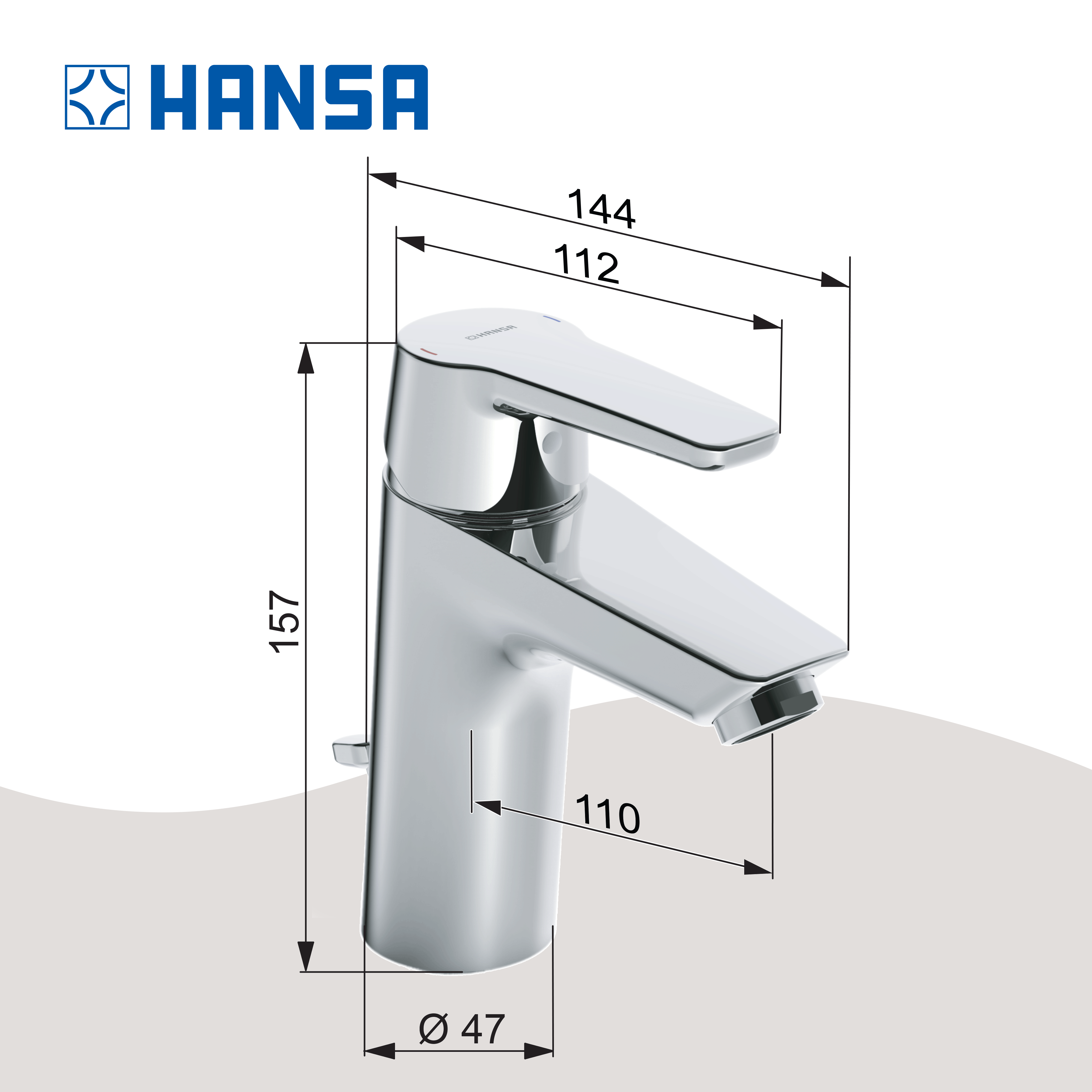 Hansa Waschtischarmatur POLO XL mit Ablaufgarnitur und Zugstange, Ausladung 110 mm, DN15, Chrom