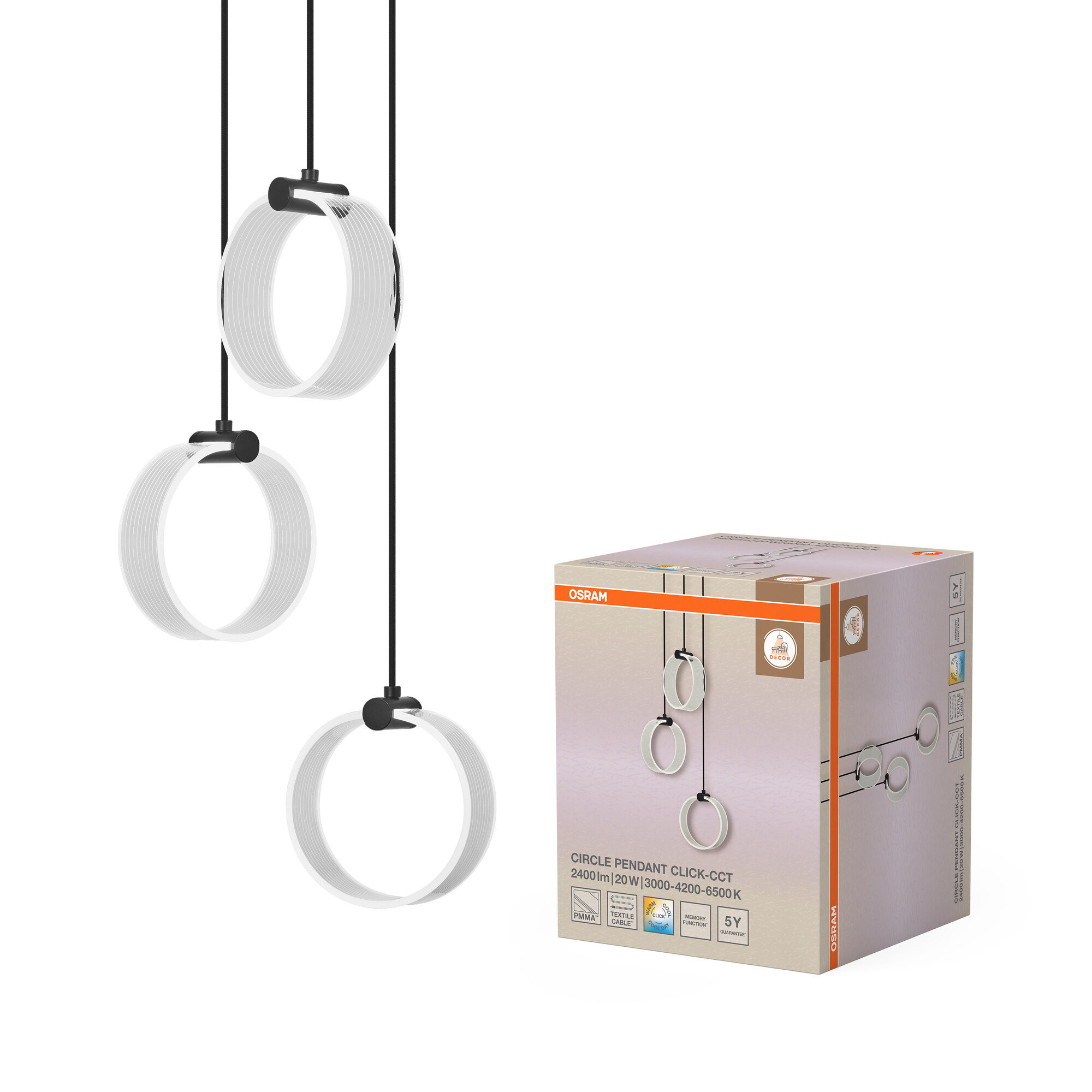 Osram Decor Runde Pendelleuchte, 3 Pendel, 20W, CCT, schwarz