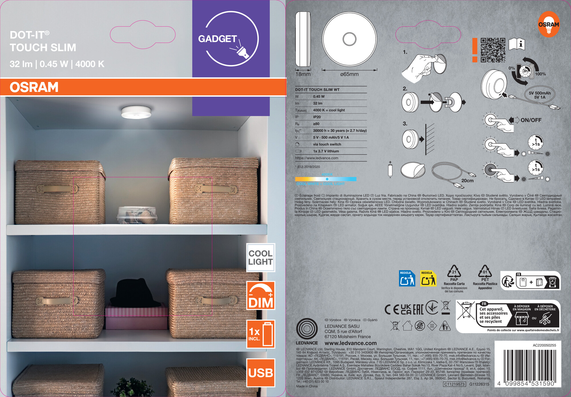 Osram Handleuchte "DOT-it Touch Slim", weiß