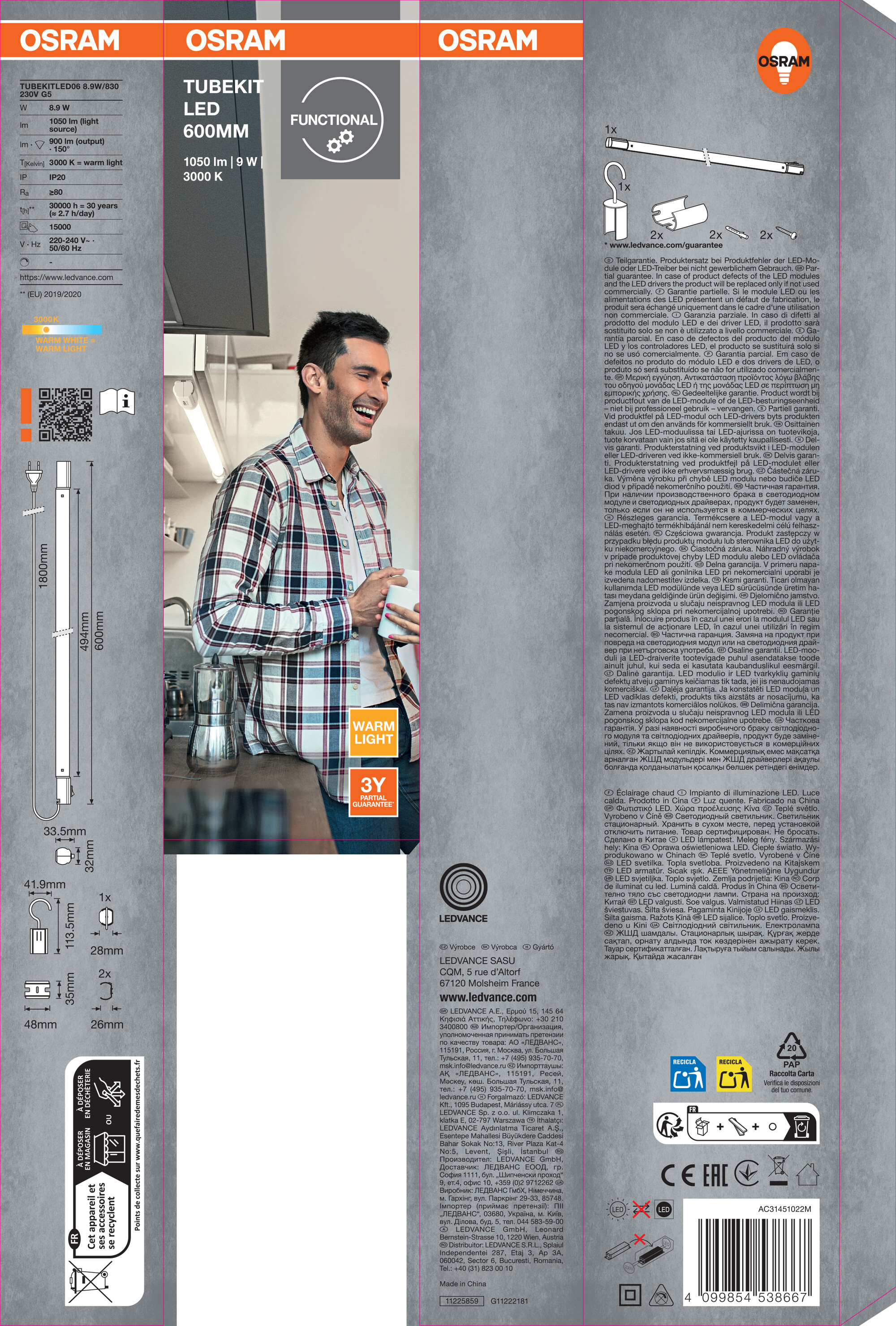 Osram Mobile LED-Lichtleiste "TubeKIT LED", 600 mm, 8.9W, 3000K