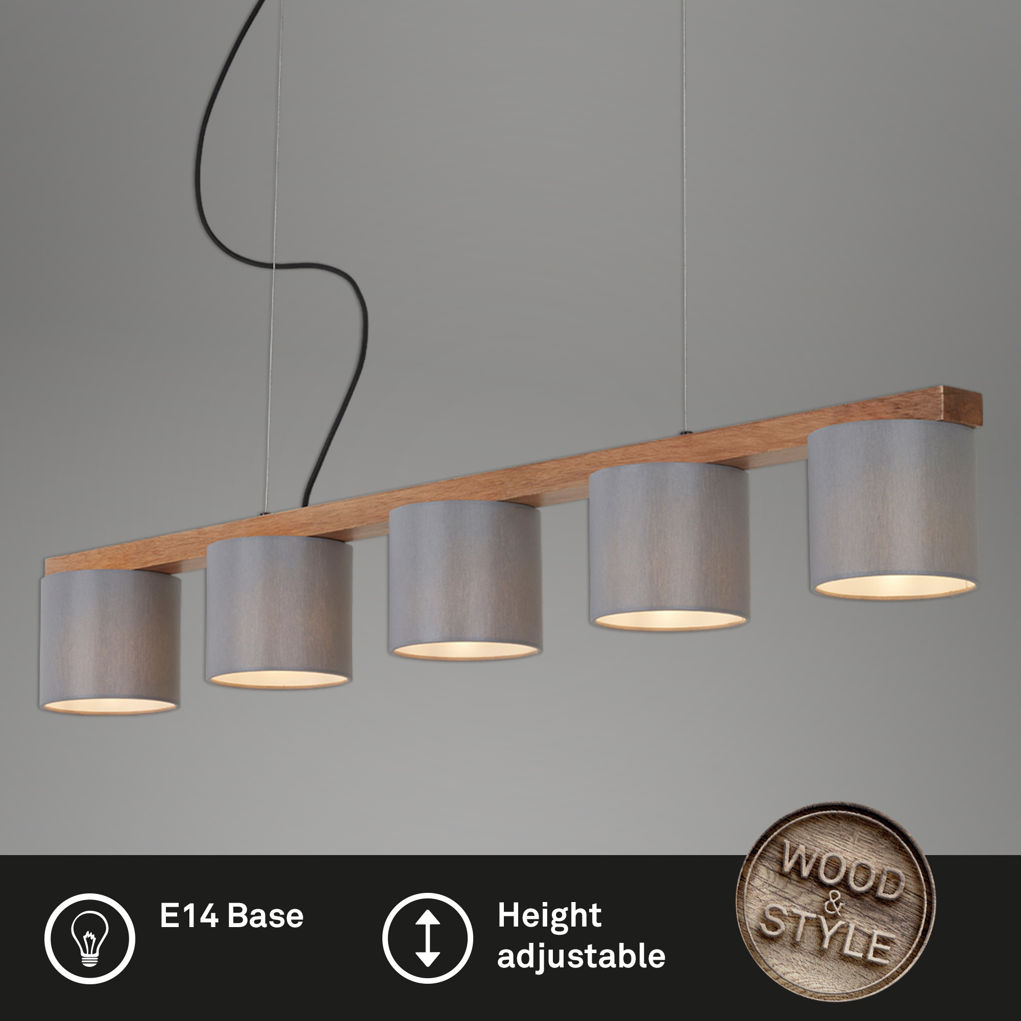 123012-10 BRILONER HÄNGELEUCHTE 5XE14 HOLZ/STOFF GRAU