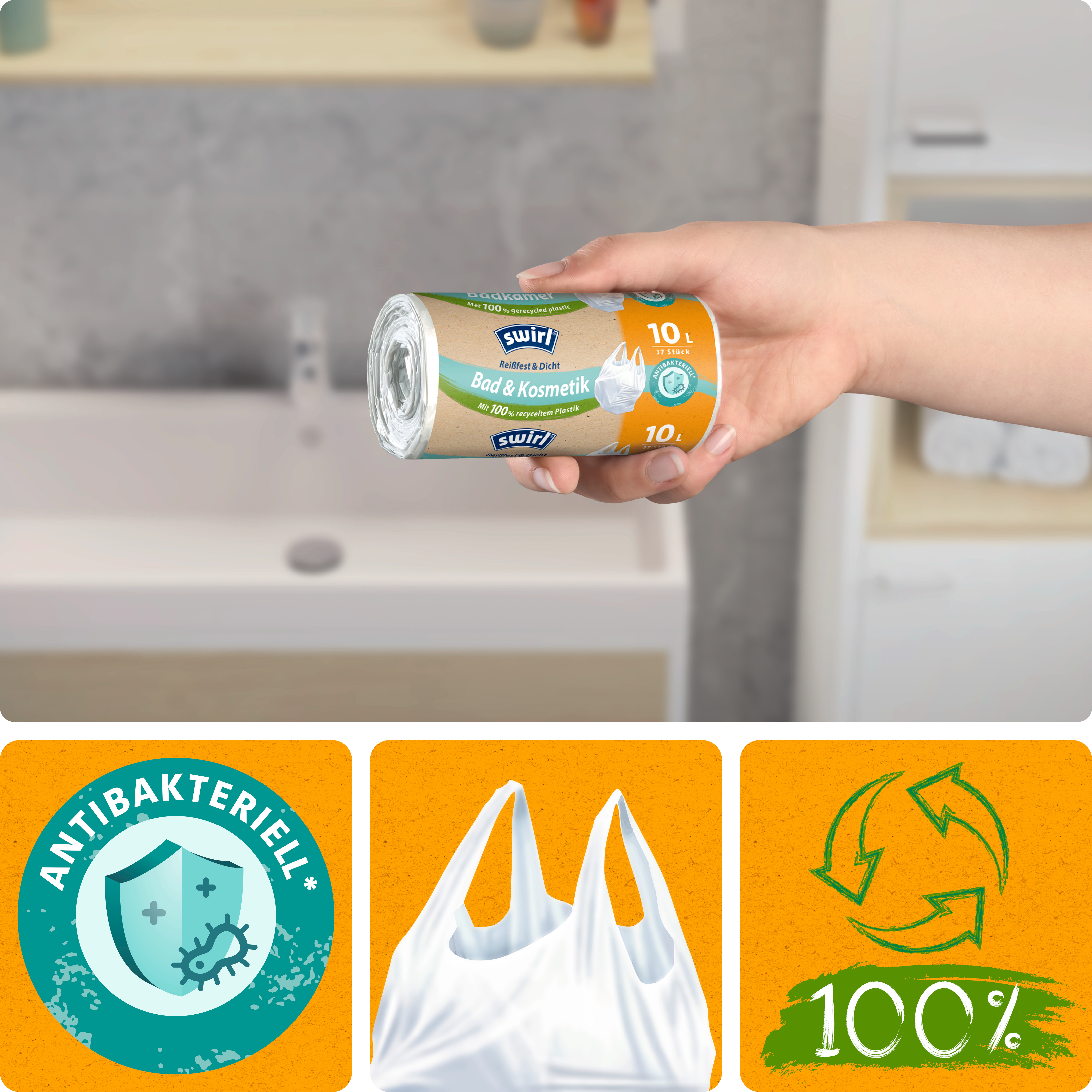 Swirl® Tragegriff-Müllbeutel Bad- & Kosmetik, 10 l Swirl® Tragegriff-Müllbeutel Bad- & Kosmetik, 10 l