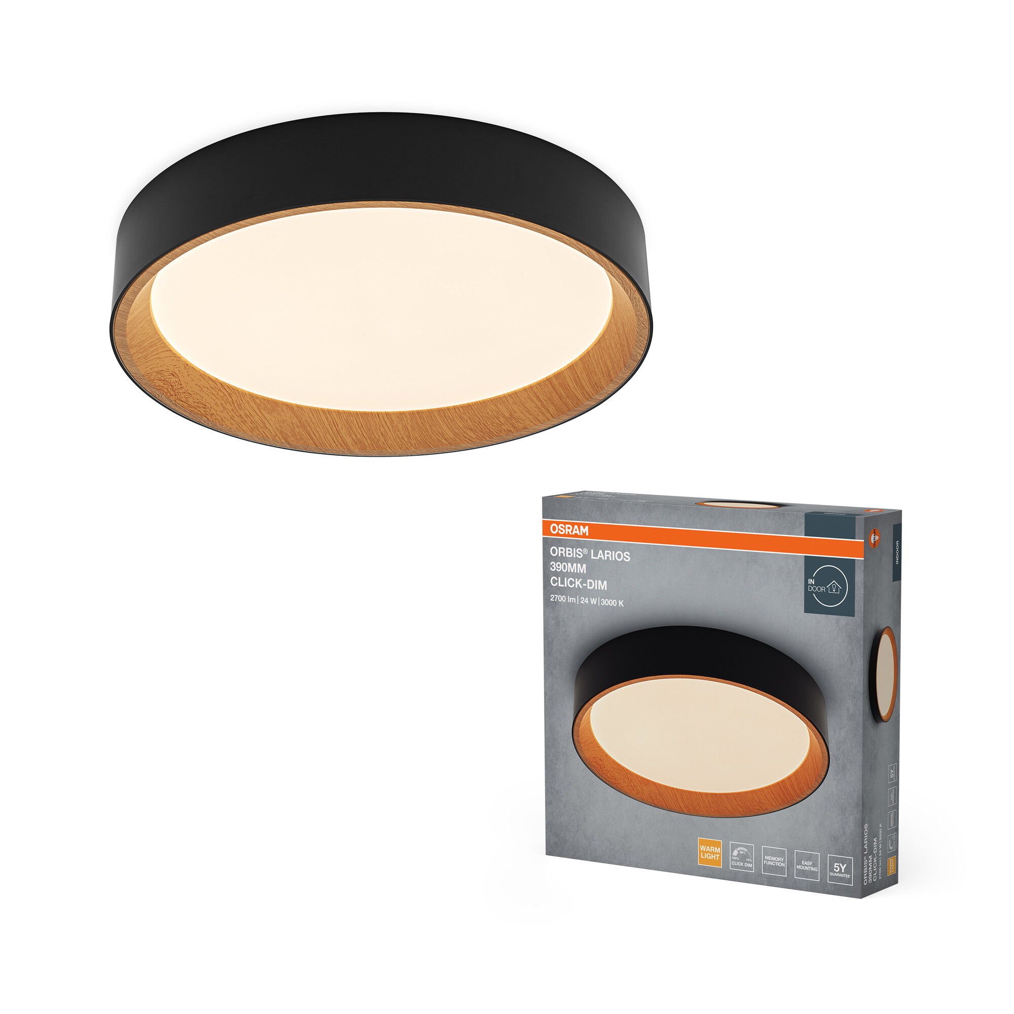 Osram Led Deckenleuchte "Orbis Larios", 390 mm, 24W, 830, Holzdekor/schwarz