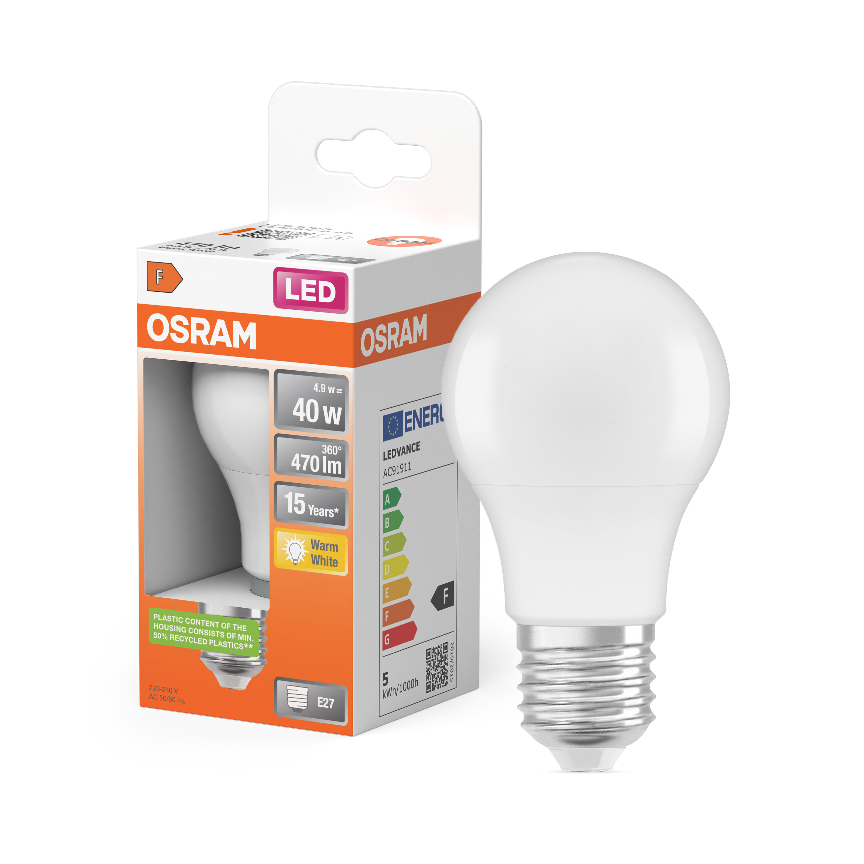 Osram Leuchtmittel LED CLA40 Matt, 5,5W/827 E27, 230V