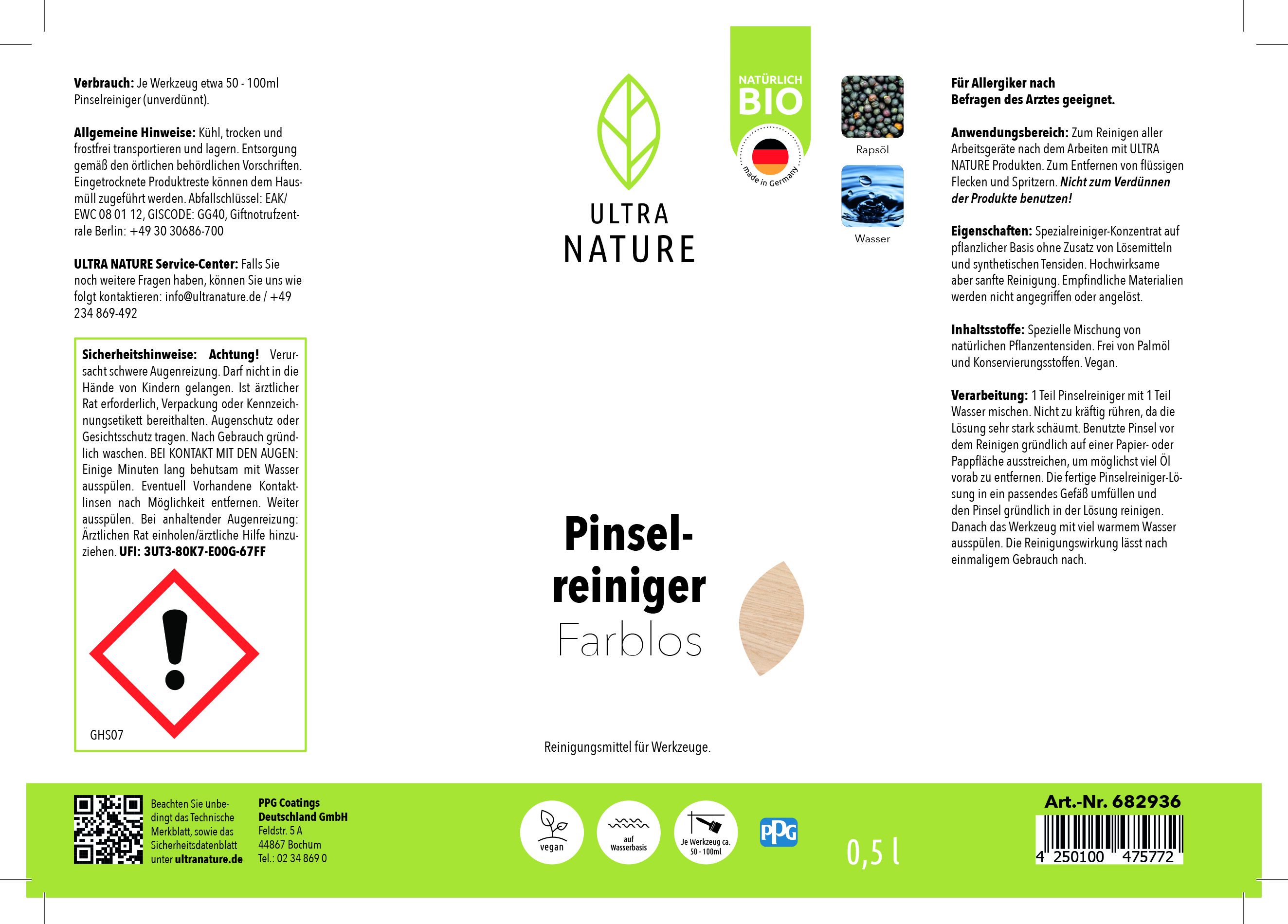 Ultra Nature Pinselreiniger Farblos, 0,5 l Ultra Nature Pinselreiniger Farblos, 0,5 l