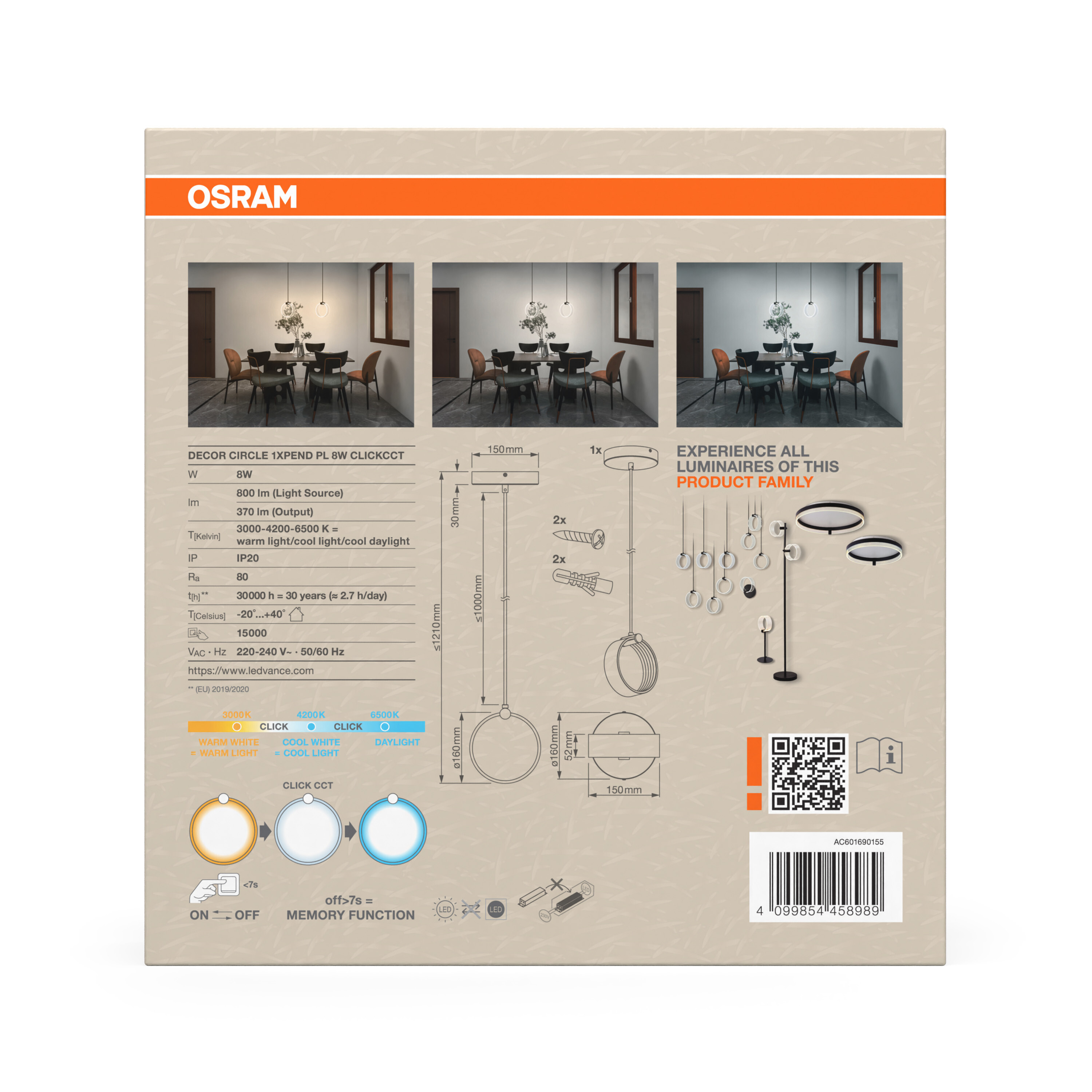 Osram Decor Runde Pendelleuchte, 8W, schwarz