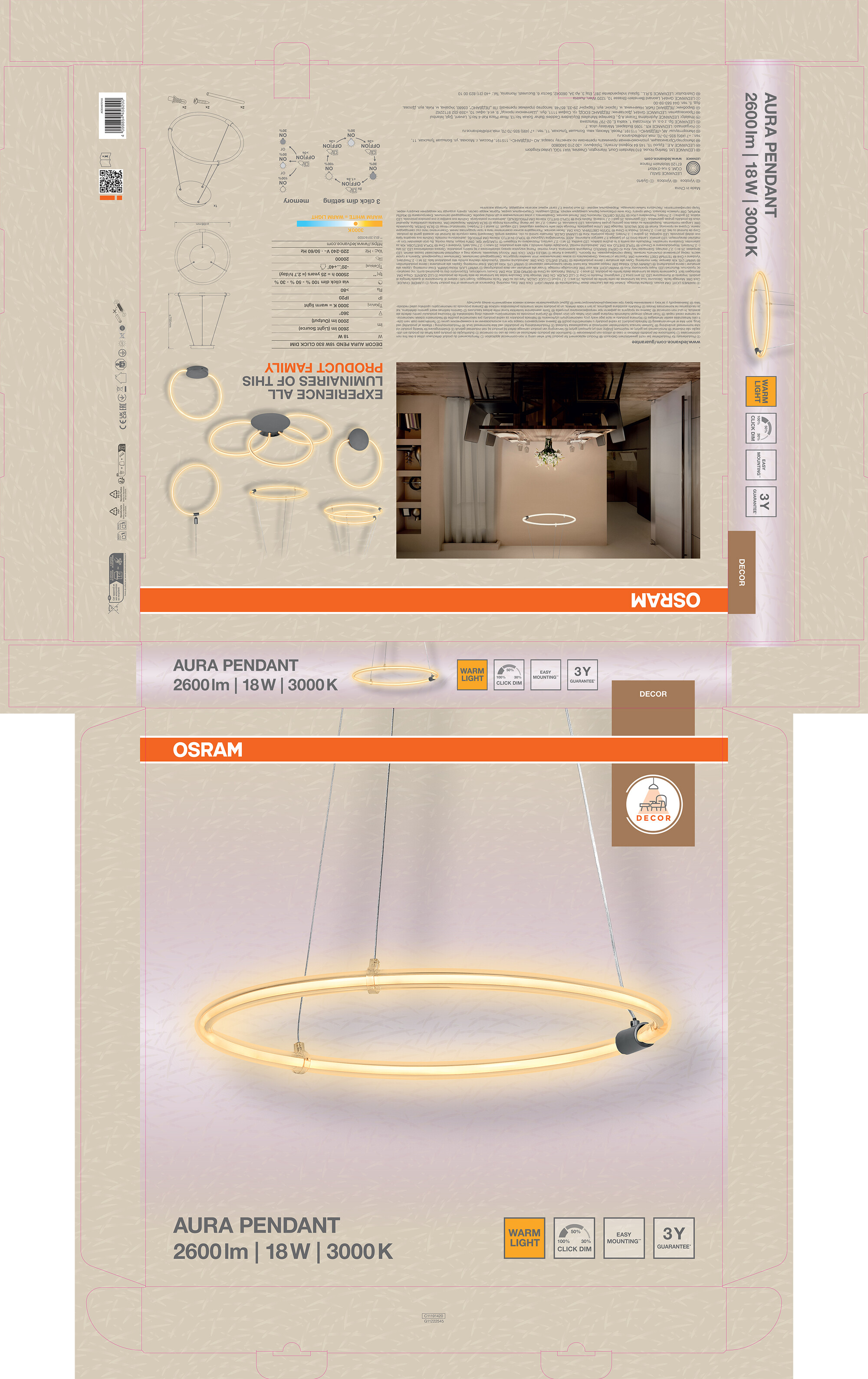 Osram Decor Pendelleuchte Aura, 18W, 3000K