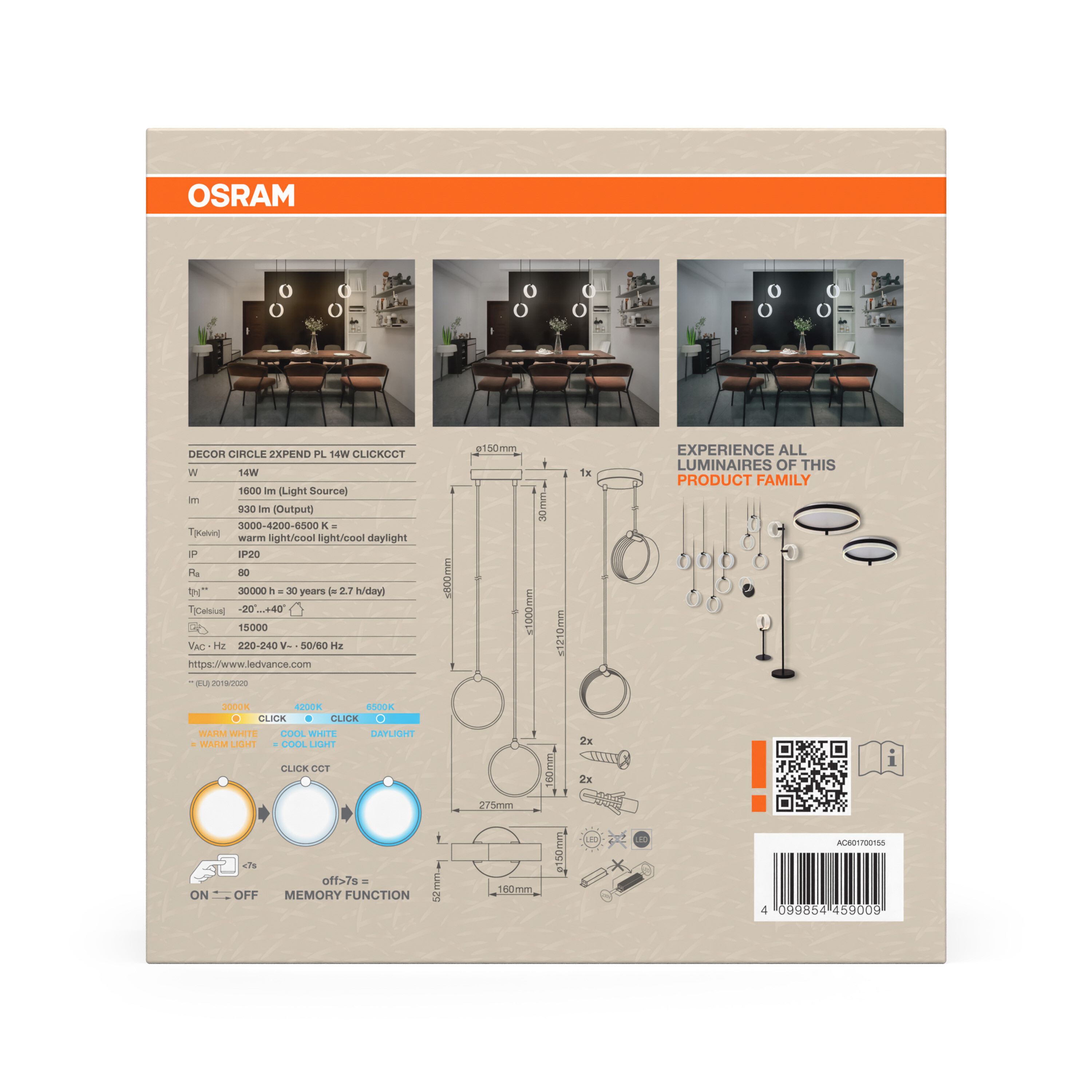 Osram Decor Runde Pendelleuchte, 2 Pendel, 14W, schwarz