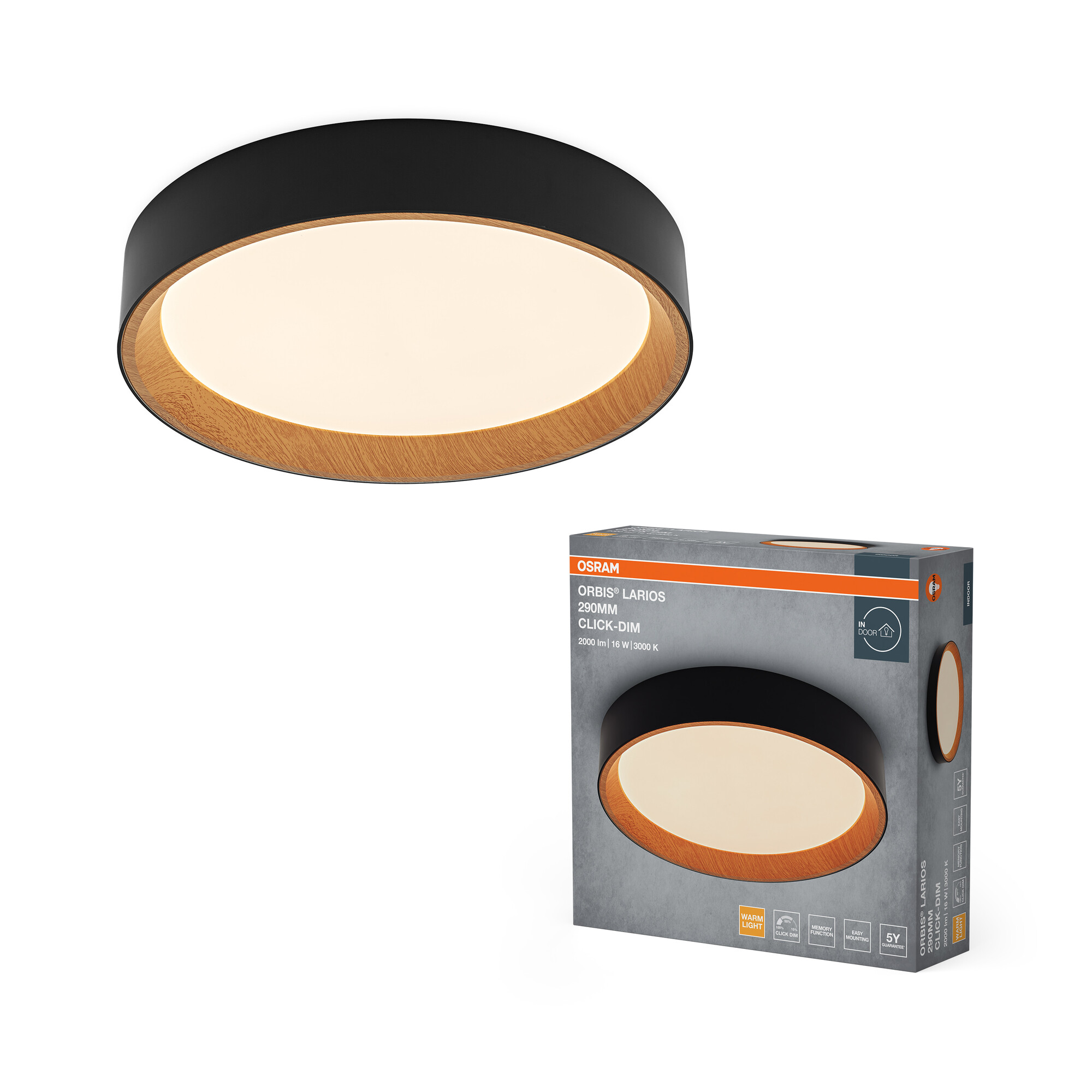 Osram Led Deckenleuchte "Orbis Larios", 290 mm, 16W, 830, Holzdekor/schwarz