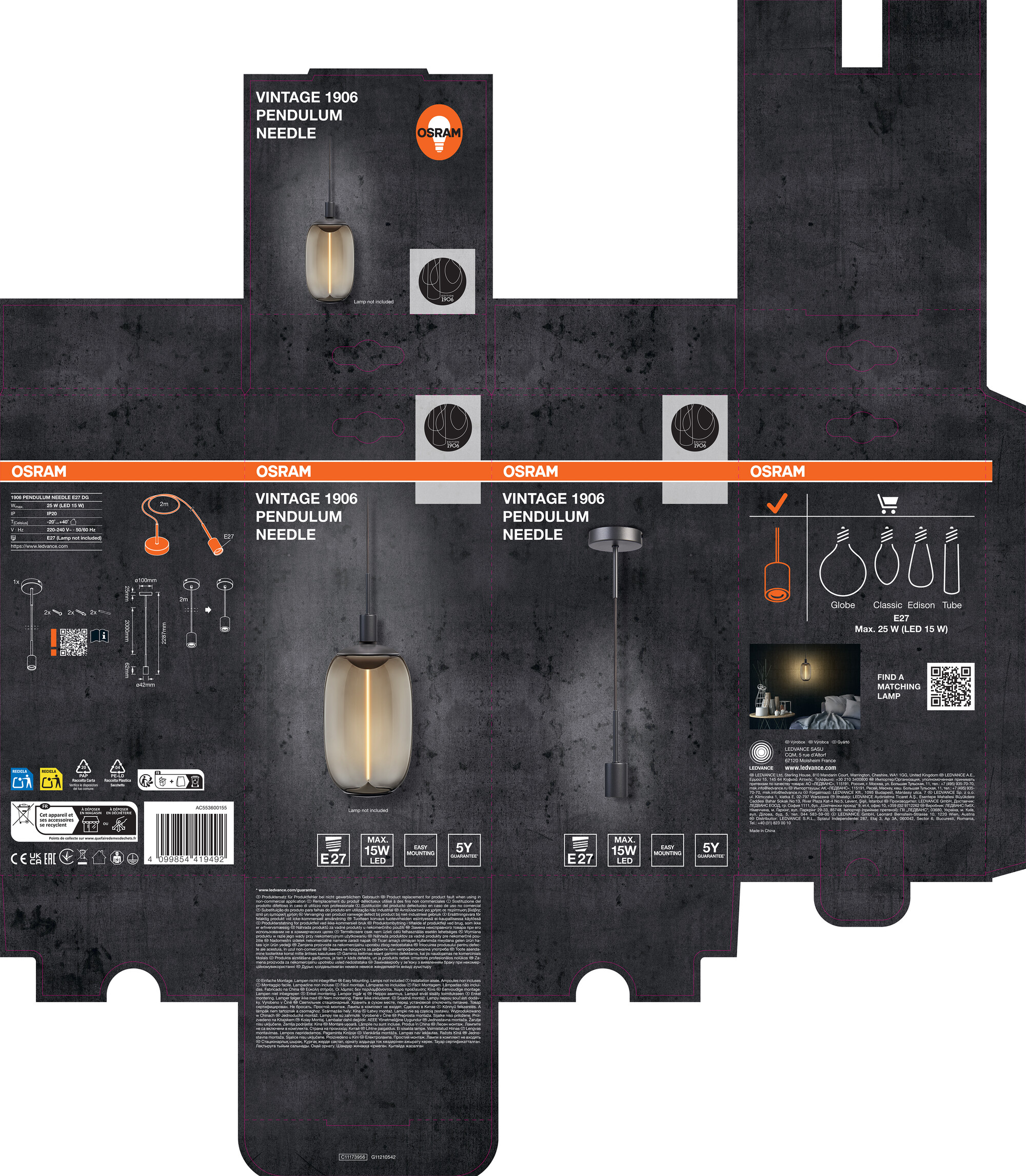 Osram Vintage 1906 Pendelleuchte Needle Dark, E27, grau