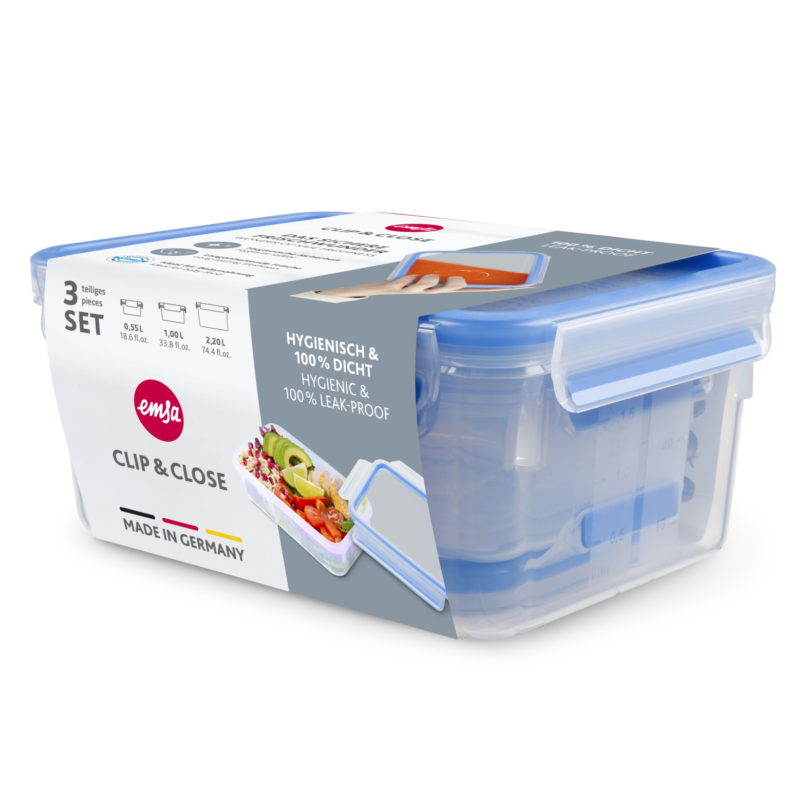 EMSA Clip & Close Frischhaltedosen-Set, 0,55/1/2,20 L, blau EMSA Clip & Close Frischhaltedosen-Set, 0,55/1/2,20 L, blau