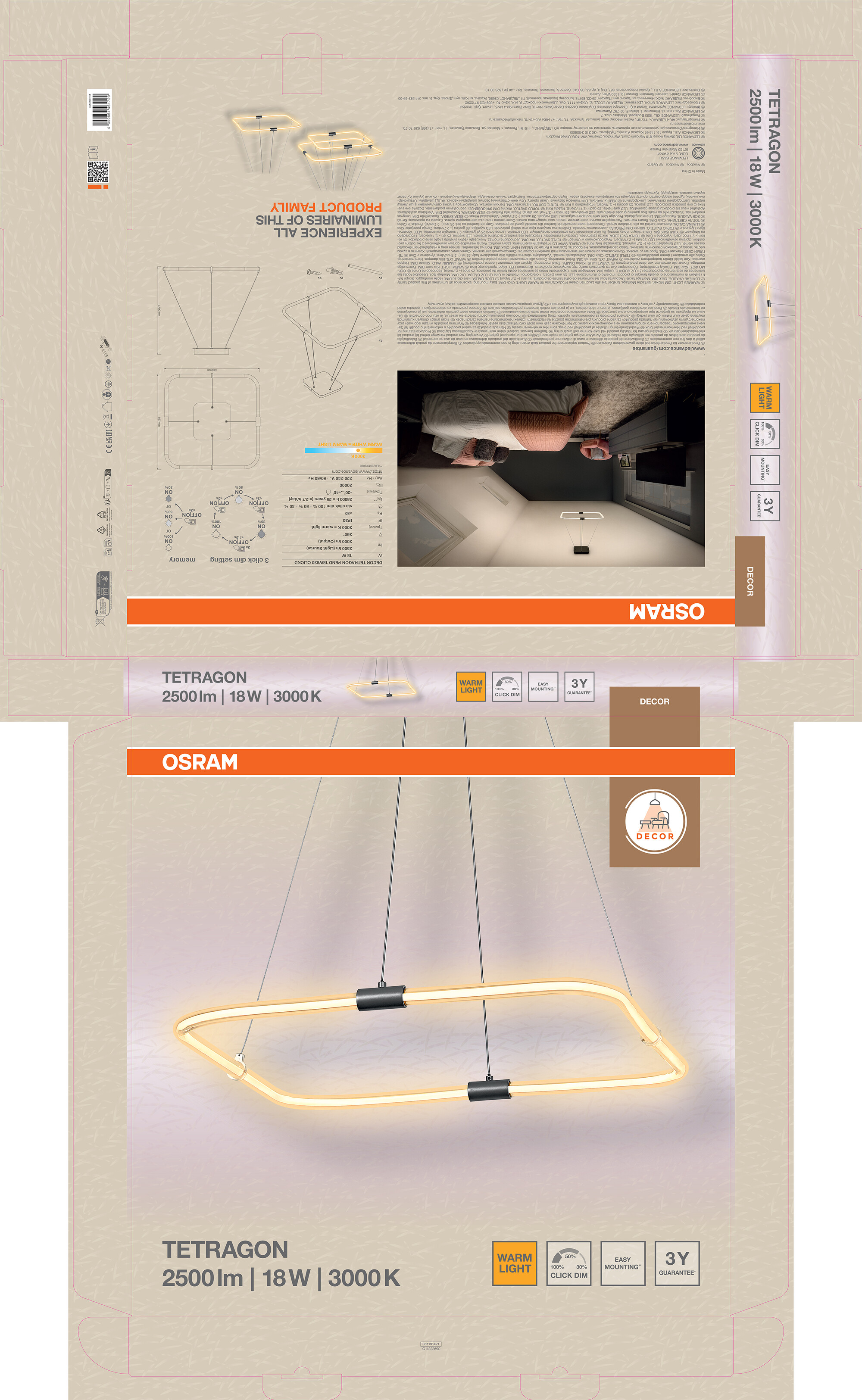 Osram Decor Tetragon Pendelleuchte, Warmweiß, 18W