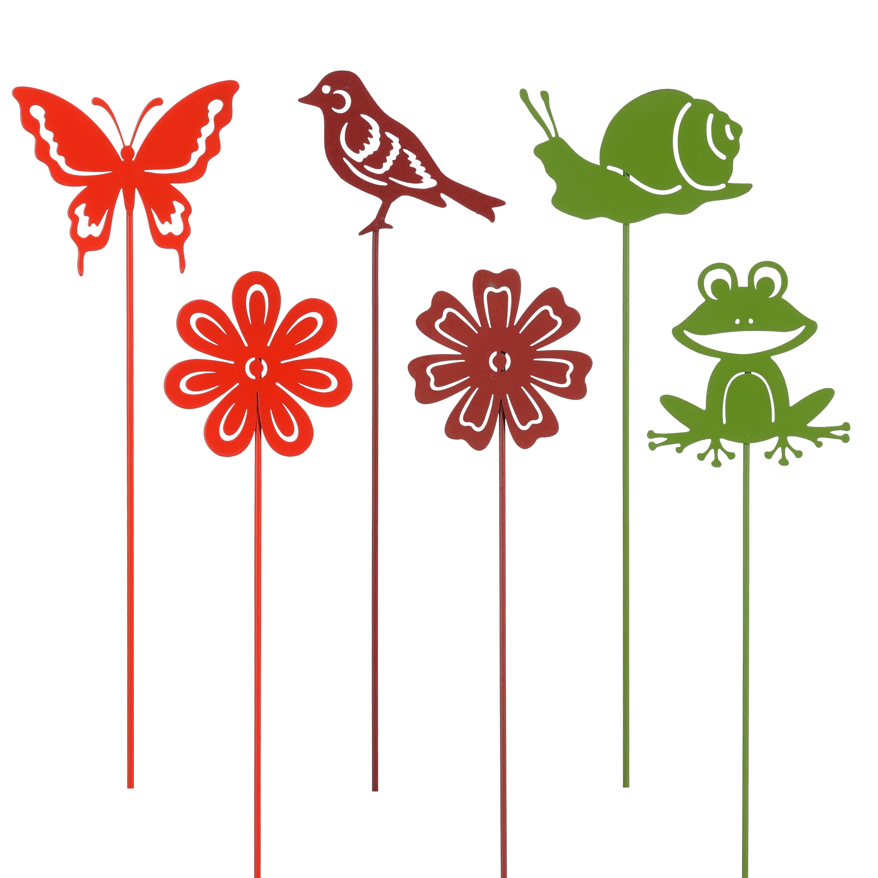 Mica Decorations Gartenstecker Blume/Vogel/Schmetterling/Frosch/Schnecke, rot/orange/grün, Sortiment 6