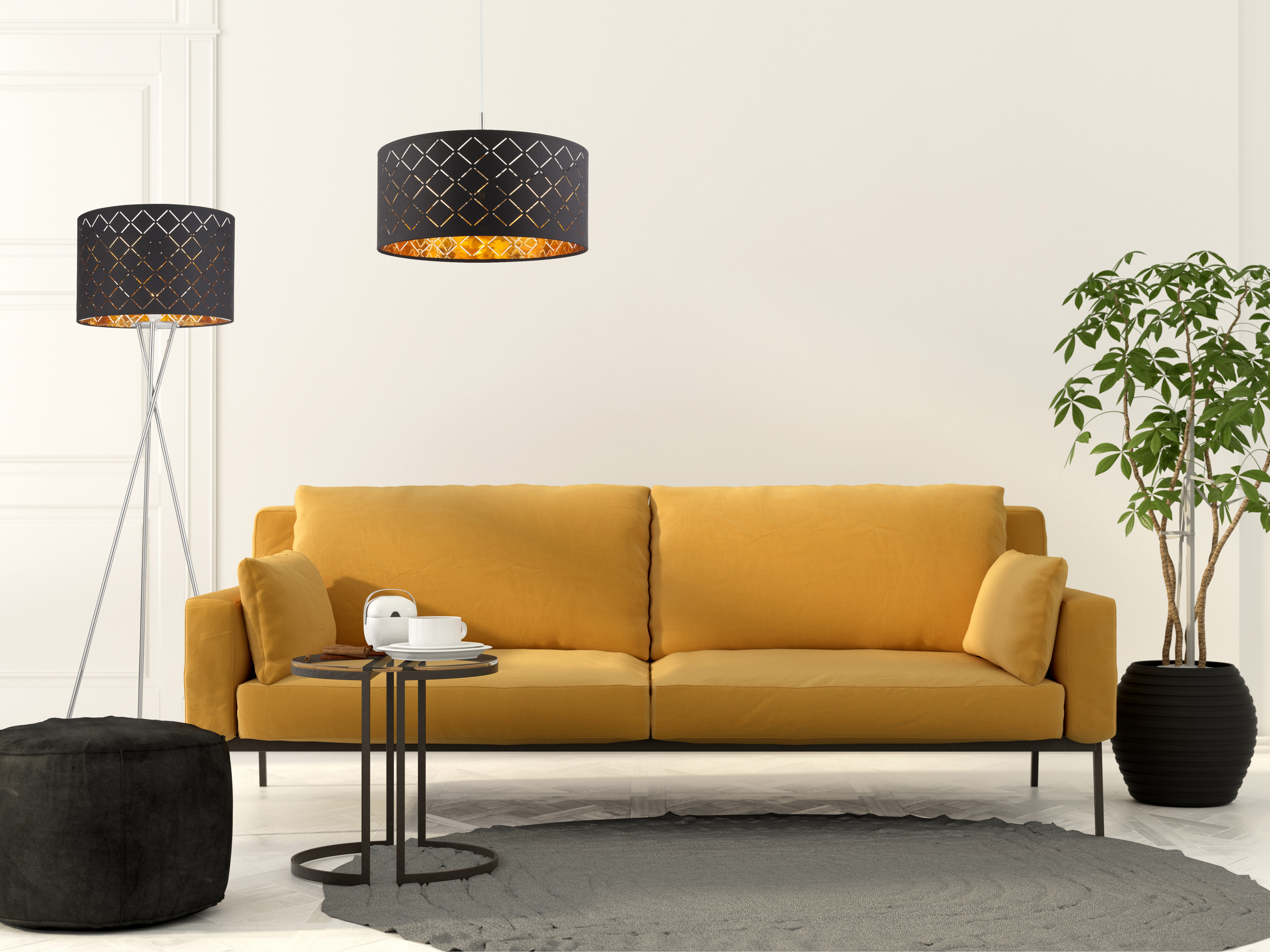 384622_am GLOBO HÄNGELEUCHTE 1XE27 60W TEXTIL GOLD SCHWARZ D:40CM