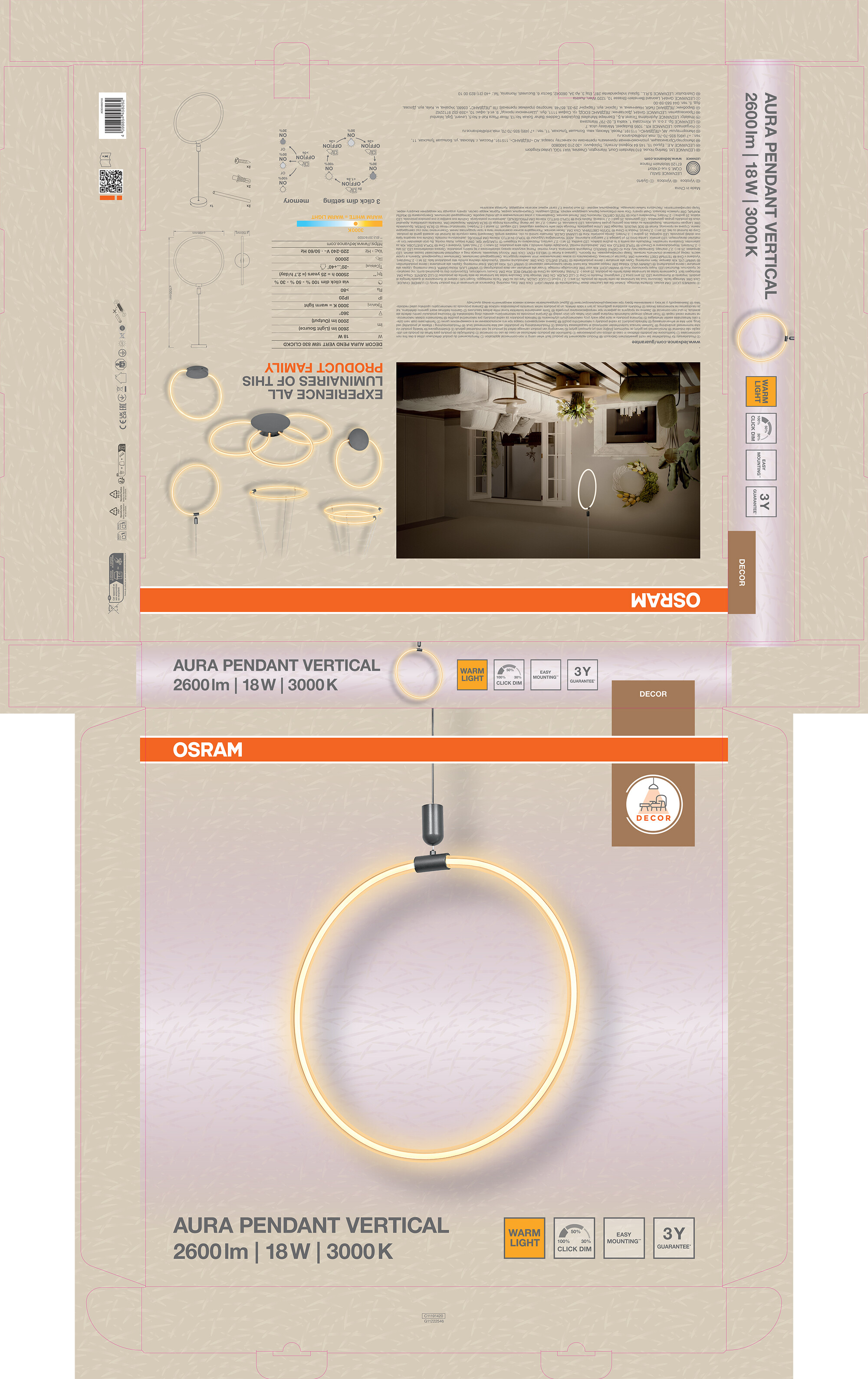 Osram Decor Pendelleuchte Aura, 18W, 3000K