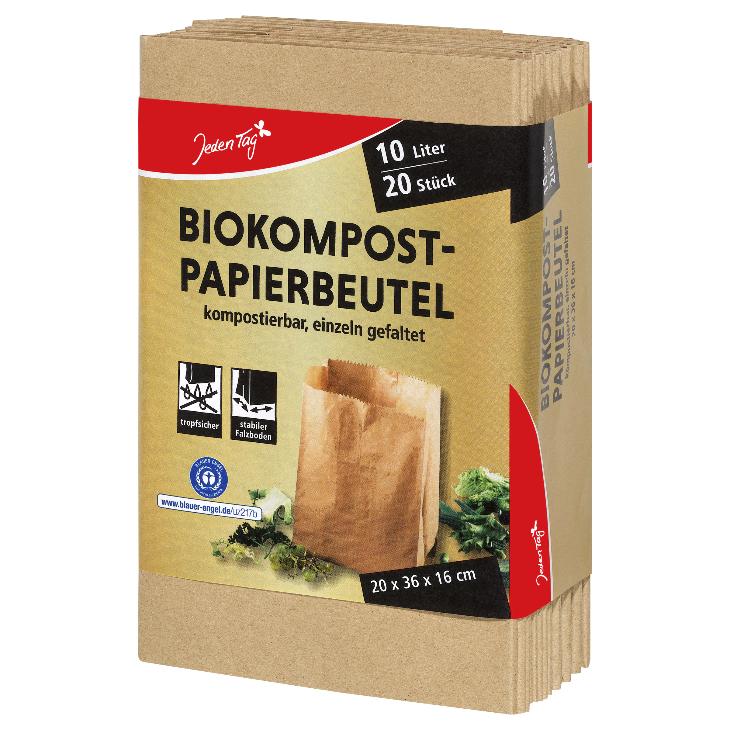 Jeden Tag Bio Papier-Müllbeutel mit Papierbanderole, 20 x 10 l