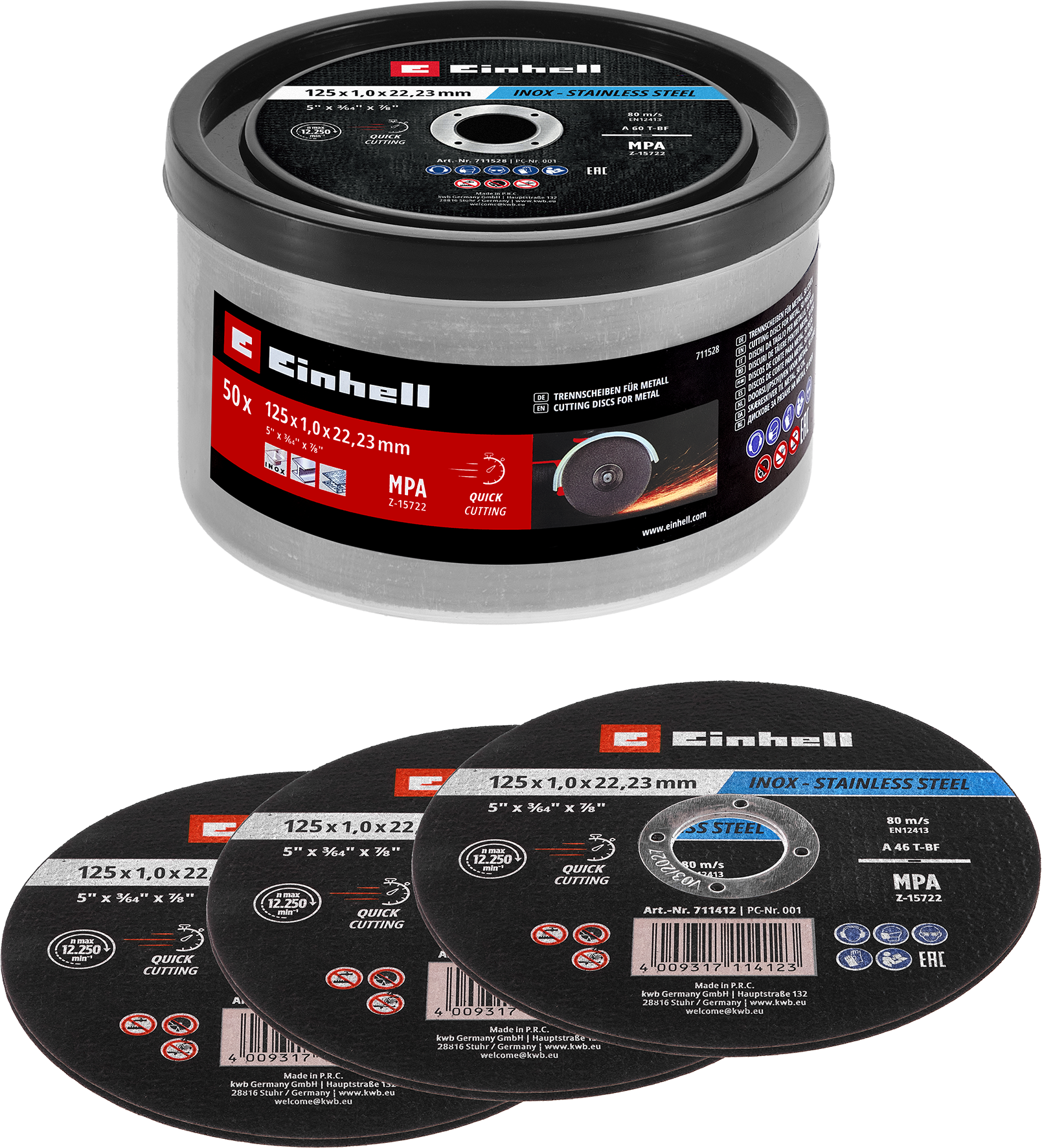 Einhell Inox-Gewebetrennscheiben-Set für Metall, gerade, extra du?nn, in Dose, 50-tlg., Ø 125 x 1 mm Einhell Inox-Gewebetrennscheiben-Set für Metall, gerade, extra du?nn, in Dose, 50-tlg., Ø 125 x 1 mm