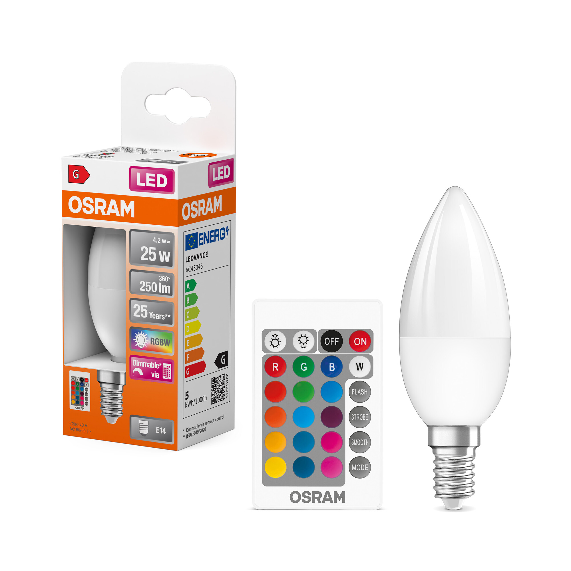 Osram LED Lampe RGBW, warmweiß, E14, matt