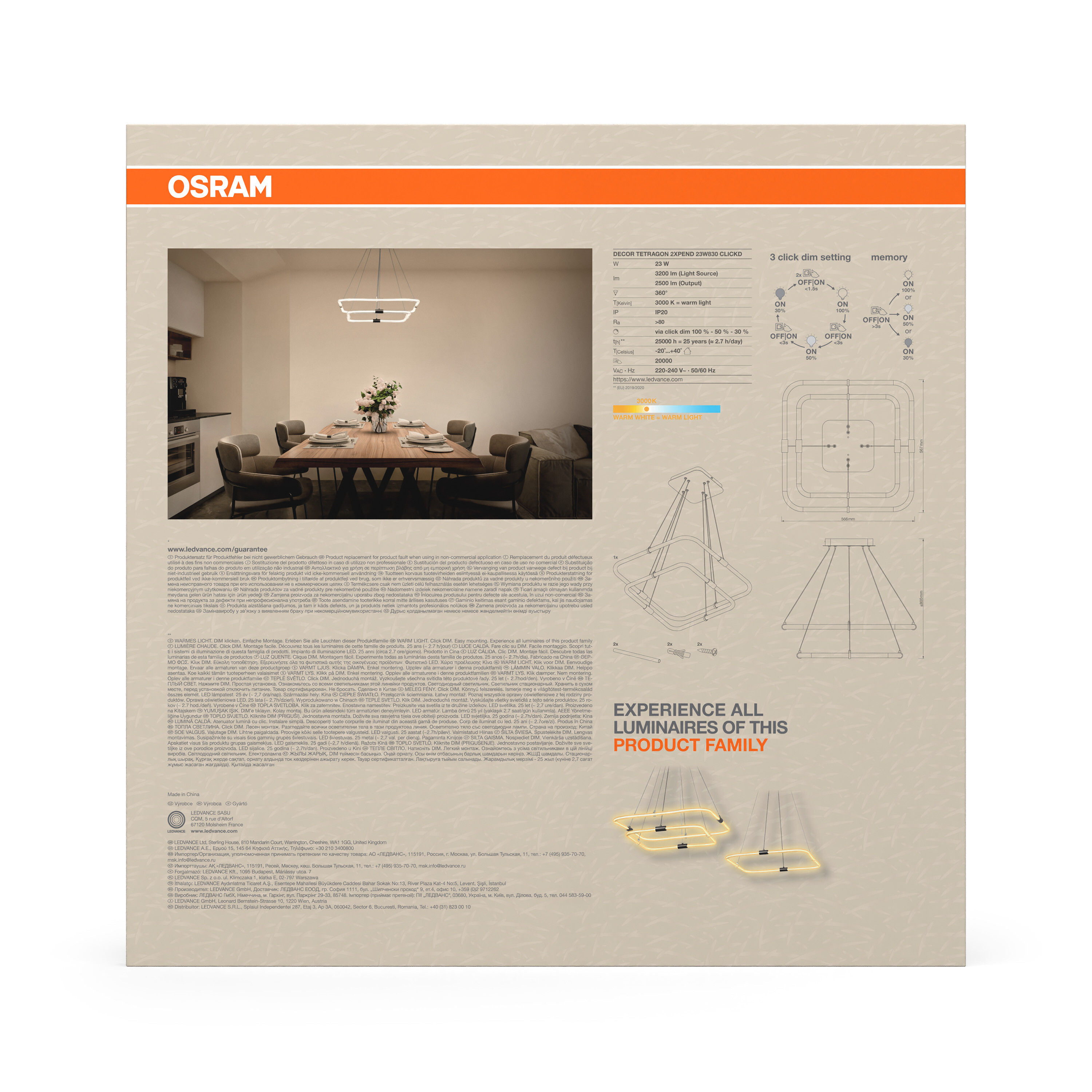 Osram Decor Tetragon Pendelleuchte, Warmweiß, 23W