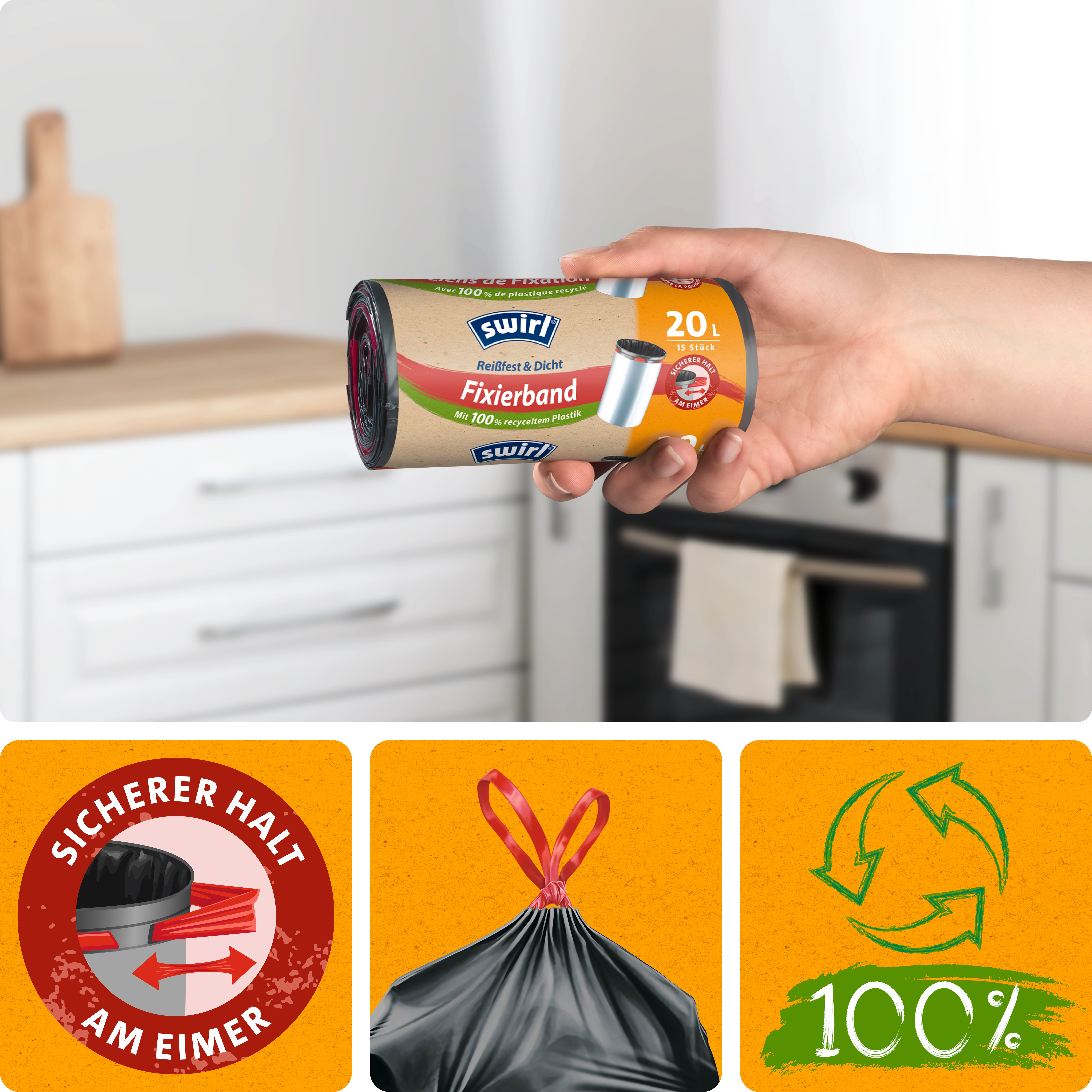Swirl® Fixierband-Müllbeutel, 20 l Swirl® Fixierband-Müllbeutel, 20 l